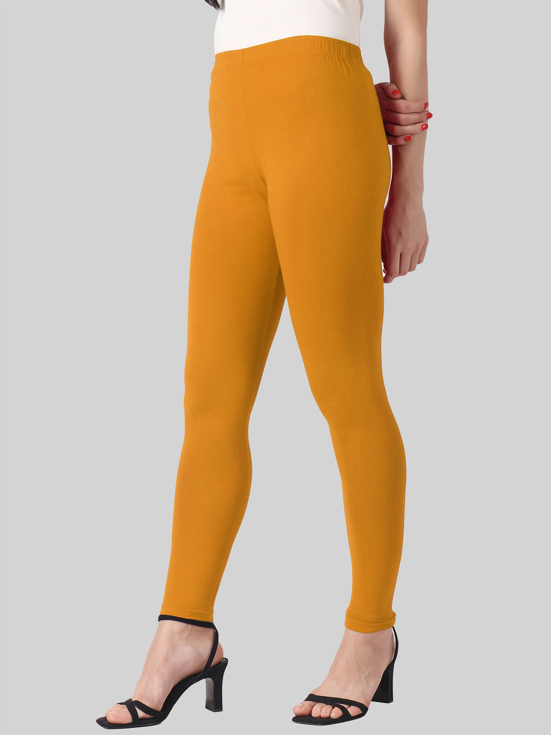 Saundarya Women’s Slim Fit Ankle Length Super Combed Cotton Rich Lycra Fabric Tailored Cut Stretchable Solid Plain Color Leggings; Mustard