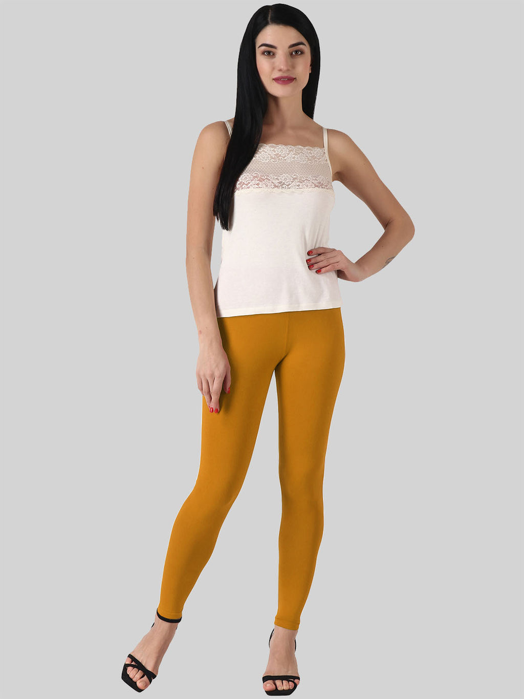 Saundarya Women’s Slim Fit Ankle Length Super Combed Cotton Rich Lycra Fabric Tailored Cut Stretchable Solid Plain Color Leggings; Mustard