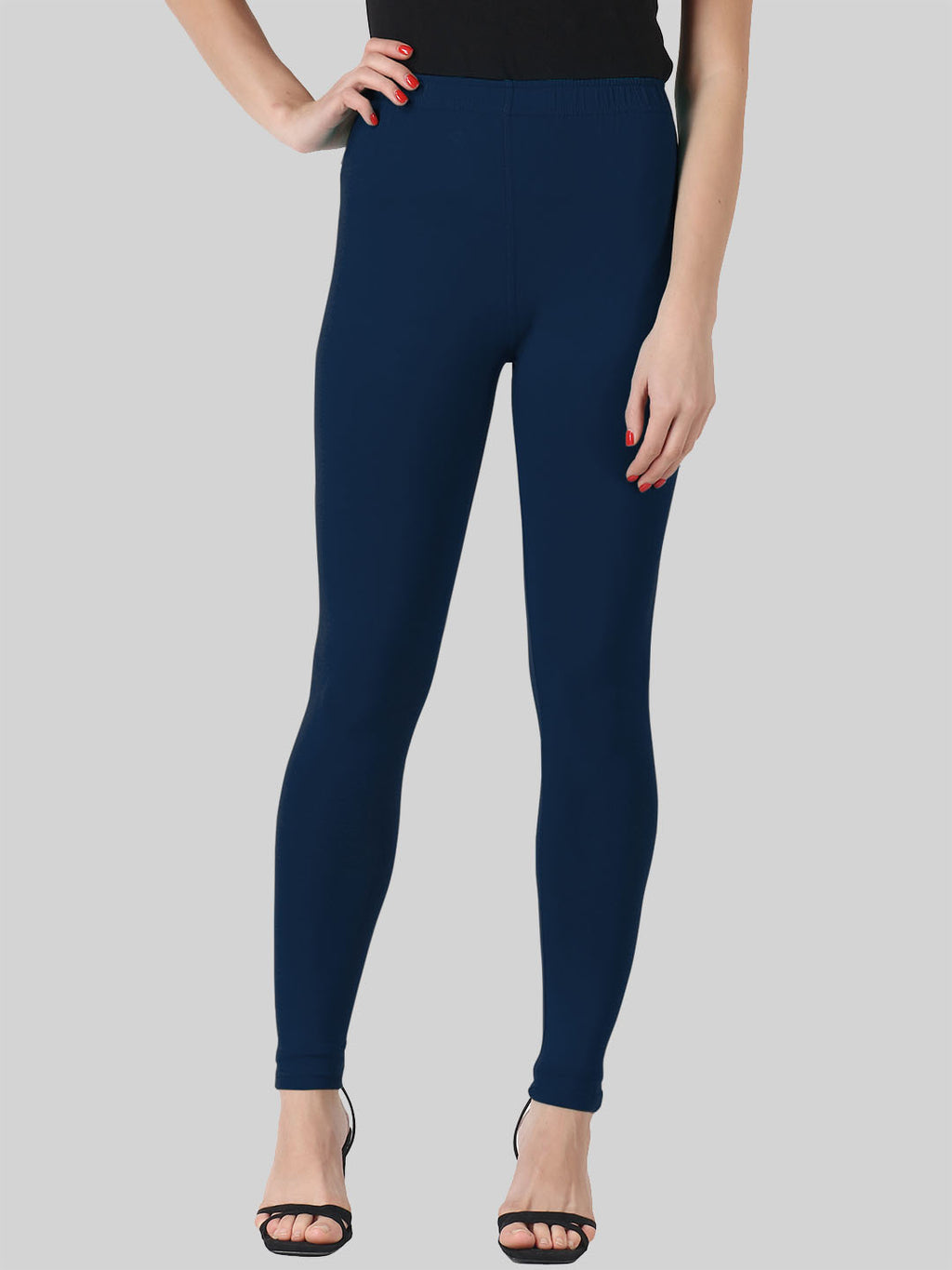 Saundarya Women’s Slim Fit Ankle Length Super Combed Cotton Rich Lycra Fabric Tailored Cut Stretchable Solid Plain Color Leggings; Navy Blue