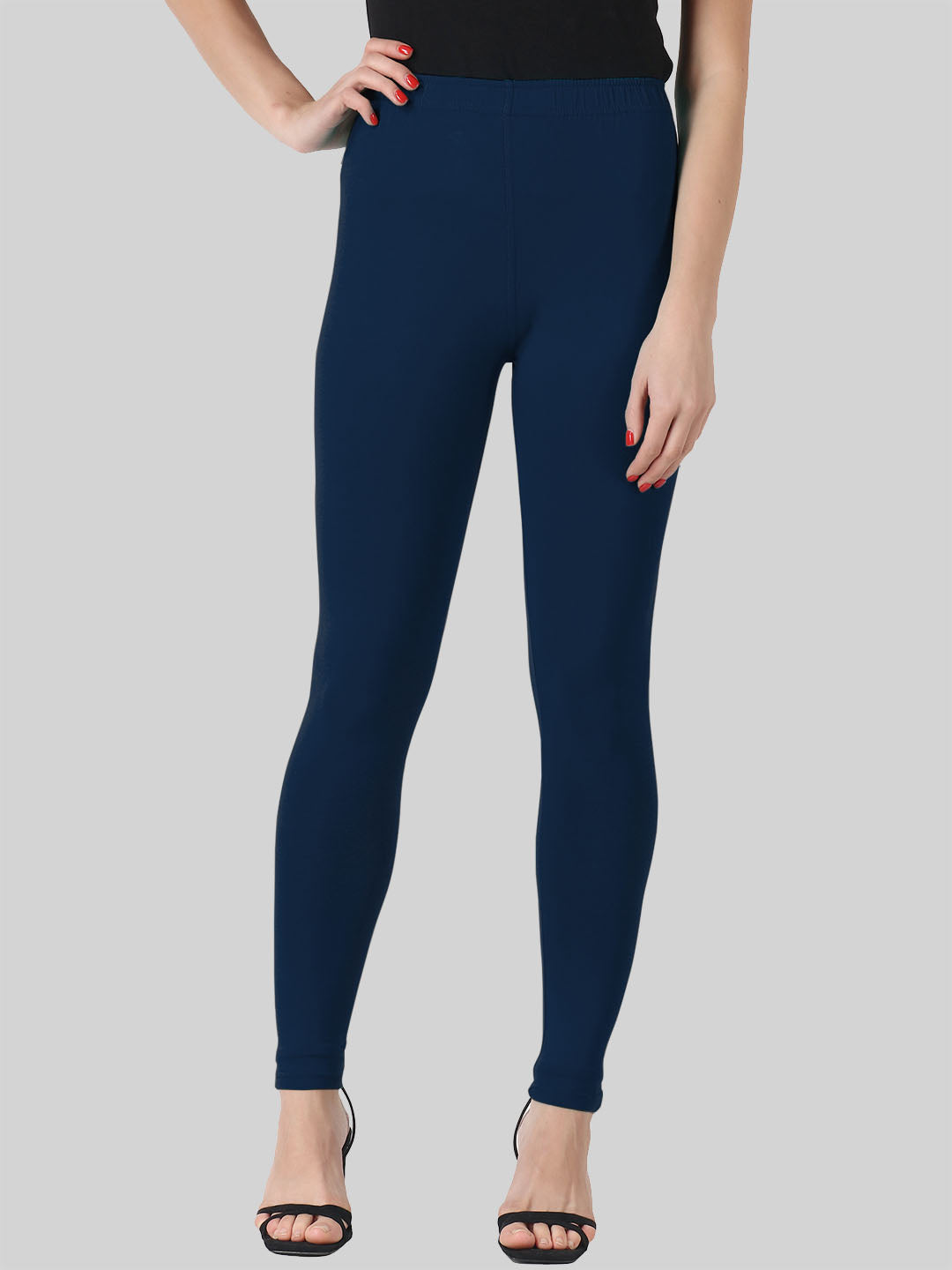 Saundarya Women’s Slim Fit Ankle Length Super Combed Cotton Rich Lycra Fabric Tailored Cut Stretchable Solid Plain Color Leggings; Navy Blue