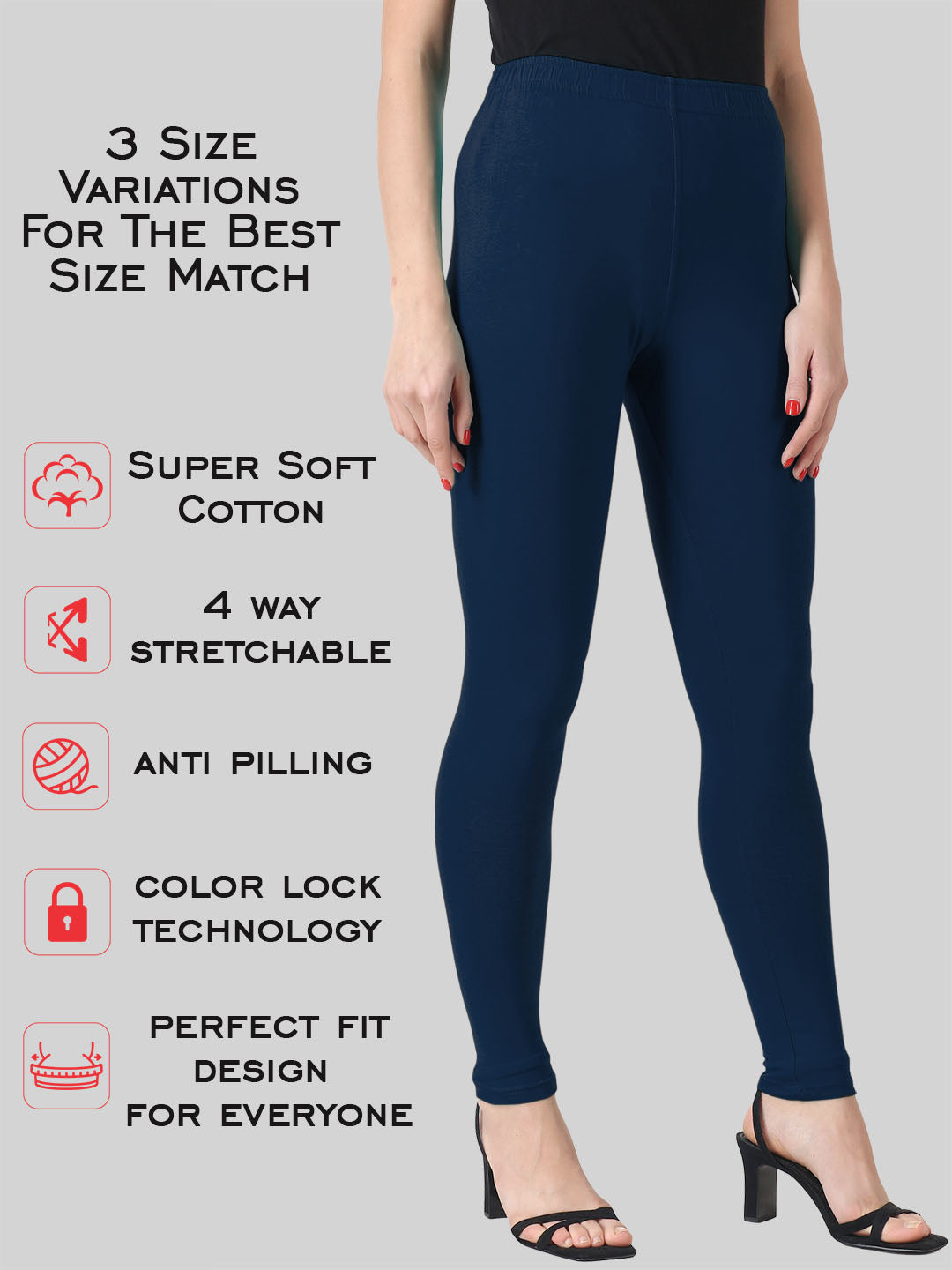 Saundarya Women’s Slim Fit Ankle Length Super Combed Cotton Rich Lycra Fabric Tailored Cut Stretchable Solid Plain Color Leggings; Navy Blue