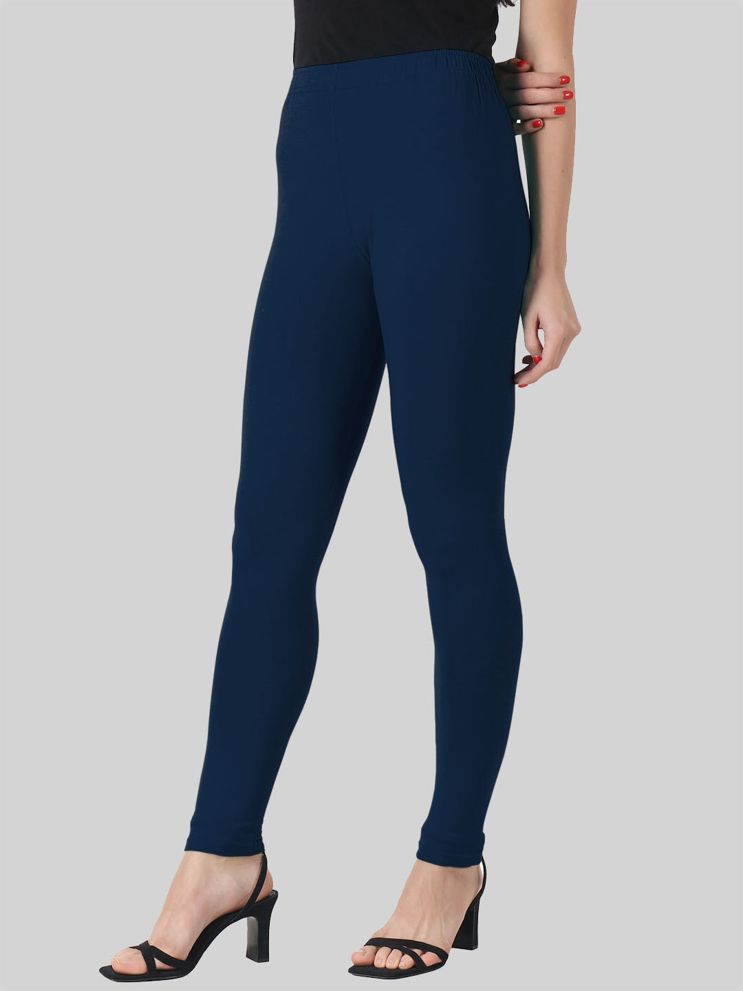 Saundarya Women’s Slim Fit Ankle Length Super Combed Cotton Rich Lycra Fabric Tailored Cut Stretchable Solid Plain Color Leggings; Navy Blue