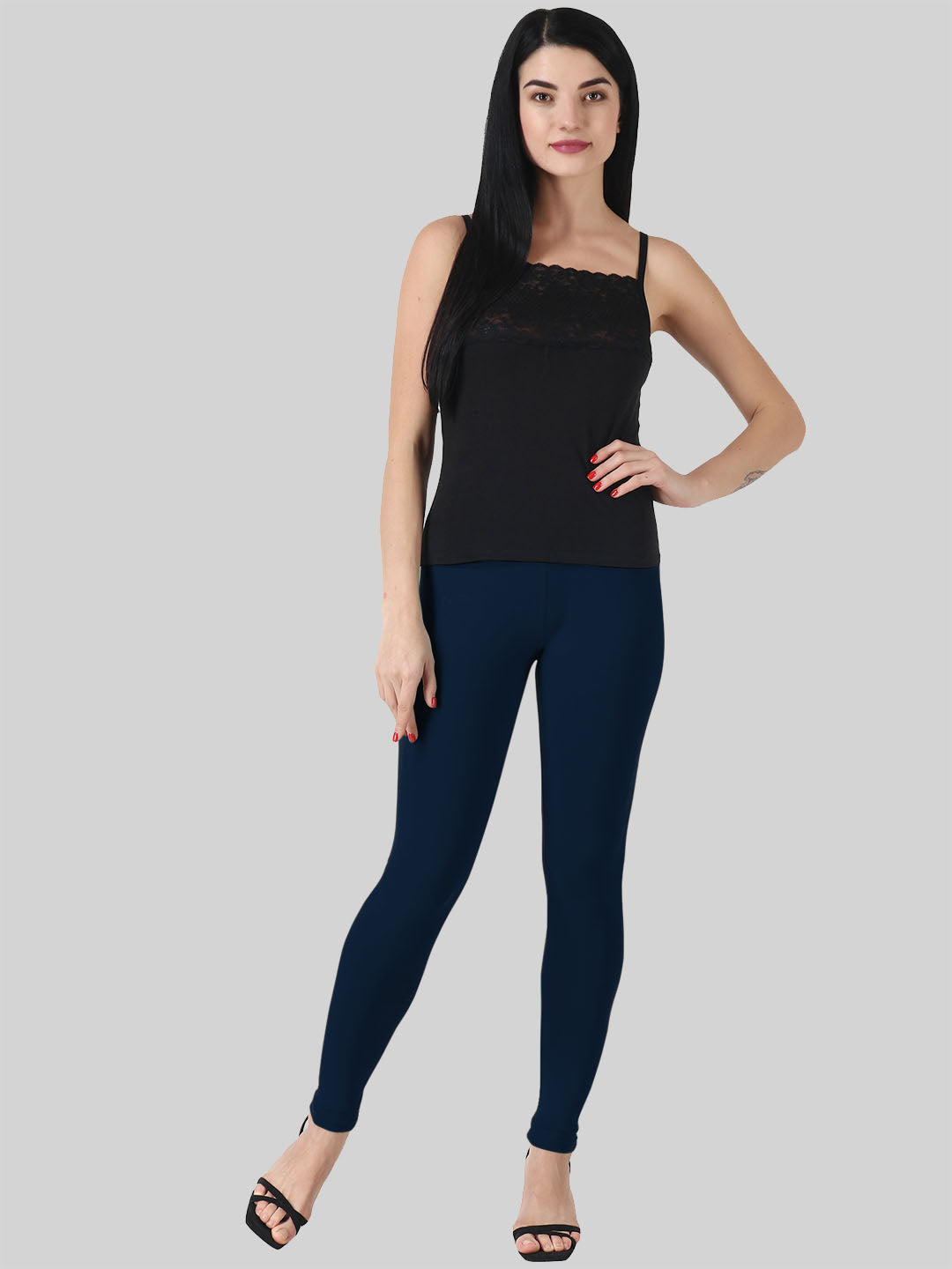 Saundarya Women’s Slim Fit Ankle Length Super Combed Cotton Rich Lycra Fabric Tailored Cut Stretchable Solid Plain Color Leggings; Navy Blue