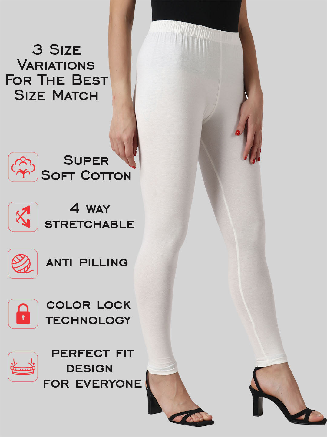 Saundarya Women’s Slim Fit Ankle Length Super Combed Cotton Rich Lycra Fabric Tailored Cut Stretchable Solid Plain Color Leggings; Off White
