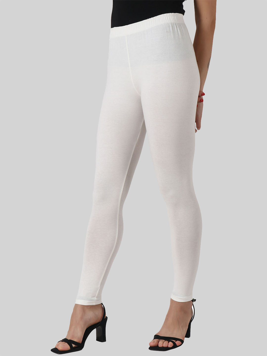 Saundarya Women’s Slim Fit Ankle Length Super Combed Cotton Rich Lycra Fabric Tailored Cut Stretchable Solid Plain Color Leggings; Off White