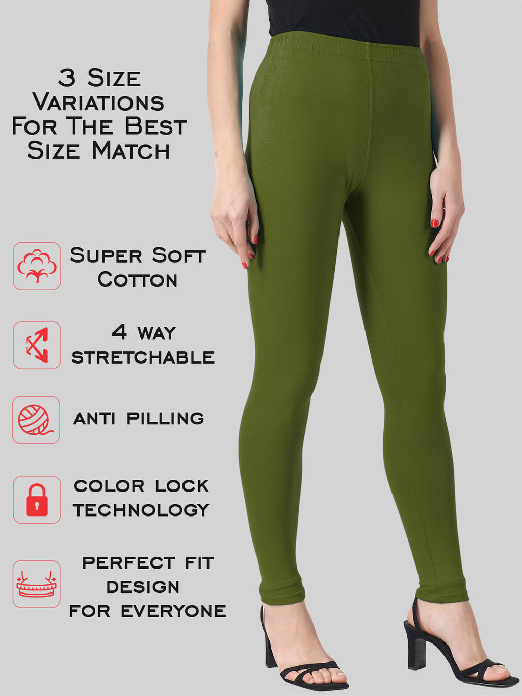 Saundarya Women’s Slim Fit Ankle Length Super Combed Cotton Rich Lycra Fabric Tailored Cut Stretchable Solid Plain Color Leggings; Olive Green