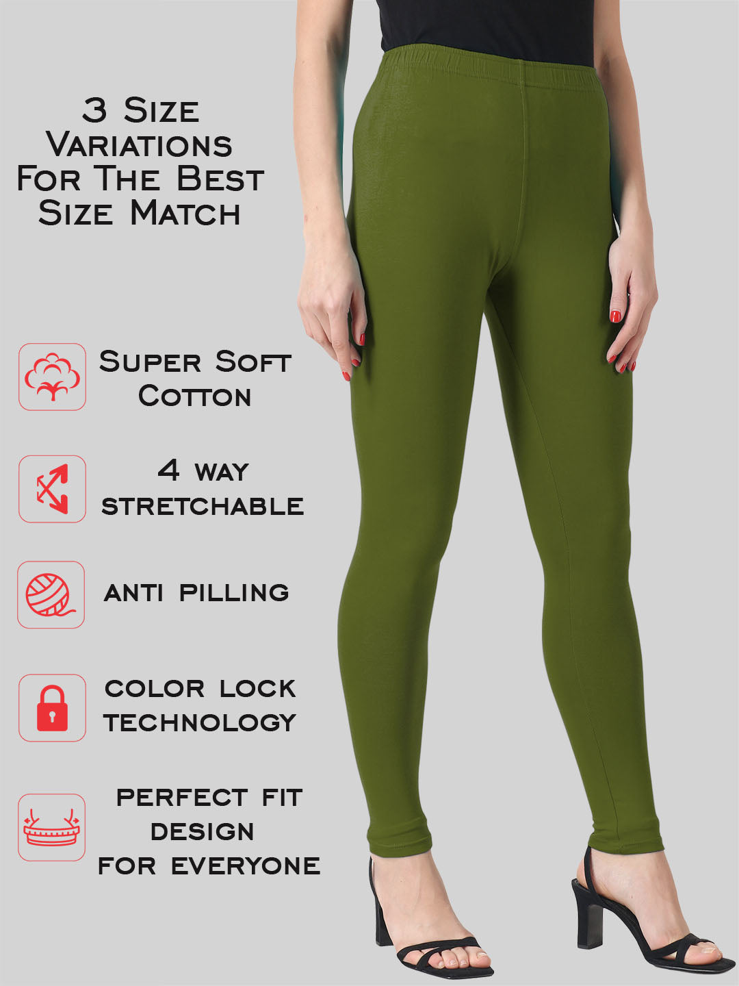 Saundarya Women’s Slim Fit Ankle Length Super Combed Cotton Rich Lycra Fabric Tailored Cut Stretchable Solid Plain Color Leggings; Olive Green