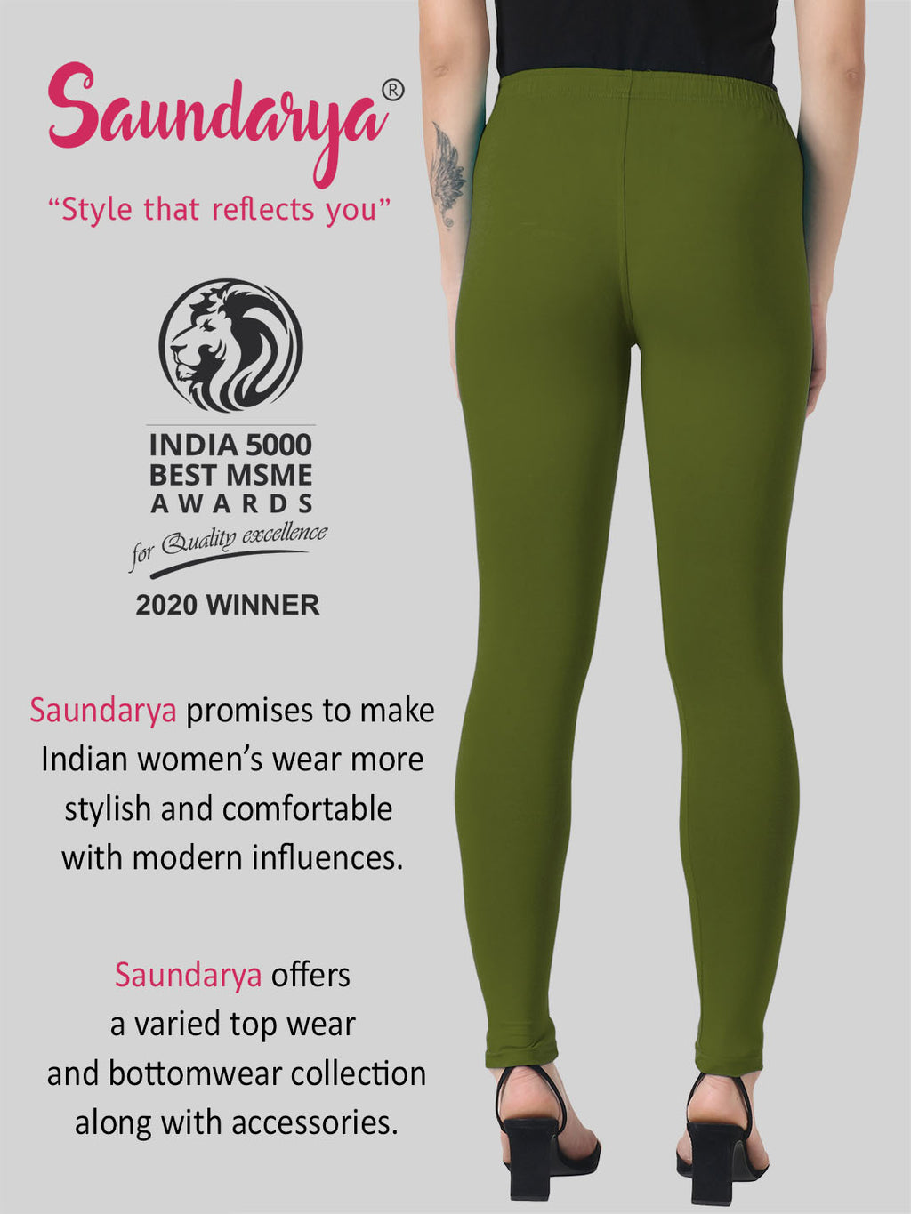 Saundarya Women’s Slim Fit Ankle Length Super Combed Cotton Rich Lycra Fabric Tailored Cut Stretchable Solid Plain Color Leggings; Olive Green