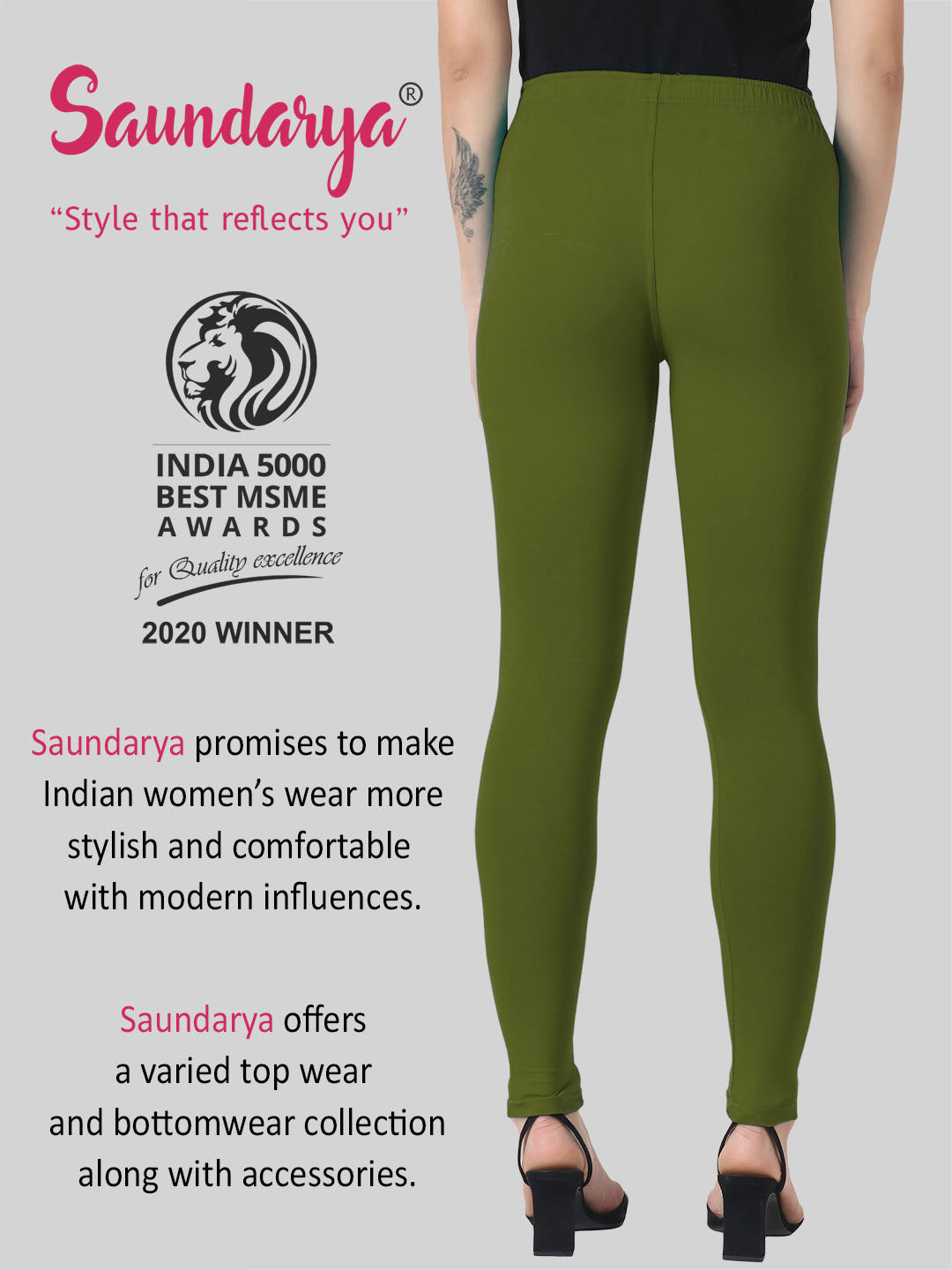 Saundarya Women’s Slim Fit Ankle Length Super Combed Cotton Rich Lycra Fabric Tailored Cut Stretchable Solid Plain Color Leggings; Olive Green