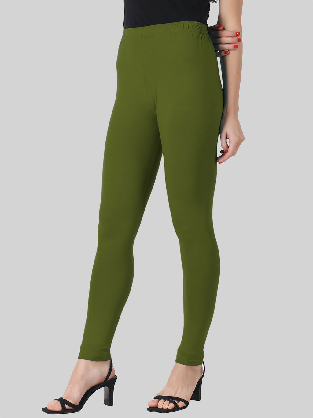 Saundarya Women’s Slim Fit Ankle Length Super Combed Cotton Rich Lycra Fabric Tailored Cut Stretchable Solid Plain Color Leggings; Olive Green