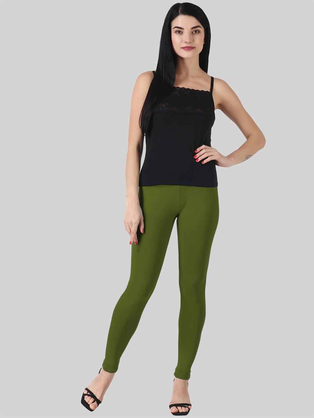 Saundarya Women’s Slim Fit Ankle Length Super Combed Cotton Rich Lycra Fabric Tailored Cut Stretchable Solid Plain Color Leggings; Olive Green