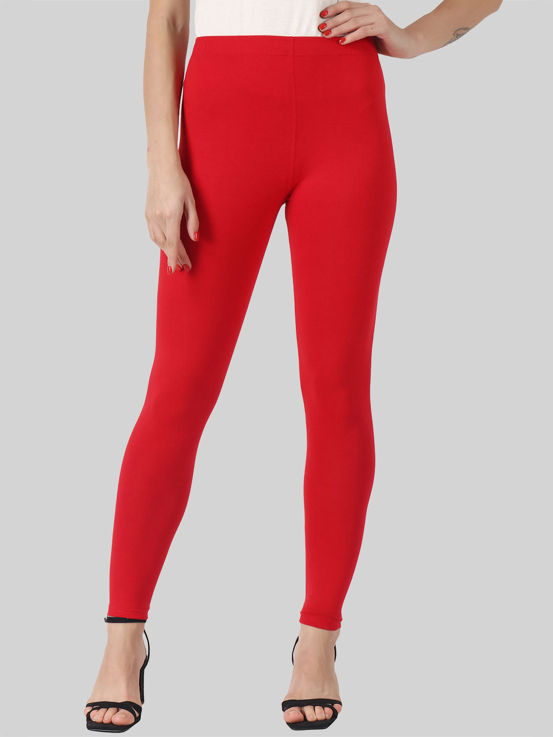 Saundarya Women’s Slim Fit Ankle Length Super Combed Cotton Rich Lycra Fabric Tailored Cut Stretchable Solid Plain Color Leggings; Red