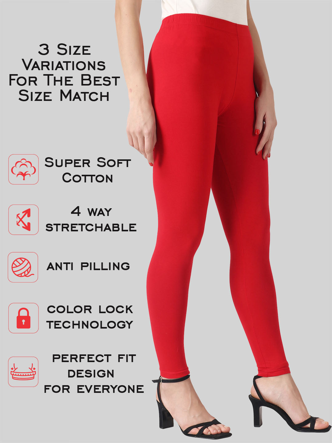 Saundarya Women’s Slim Fit Ankle Length Super Combed Cotton Rich Lycra Fabric Tailored Cut Stretchable Solid Plain Color Leggings; Red