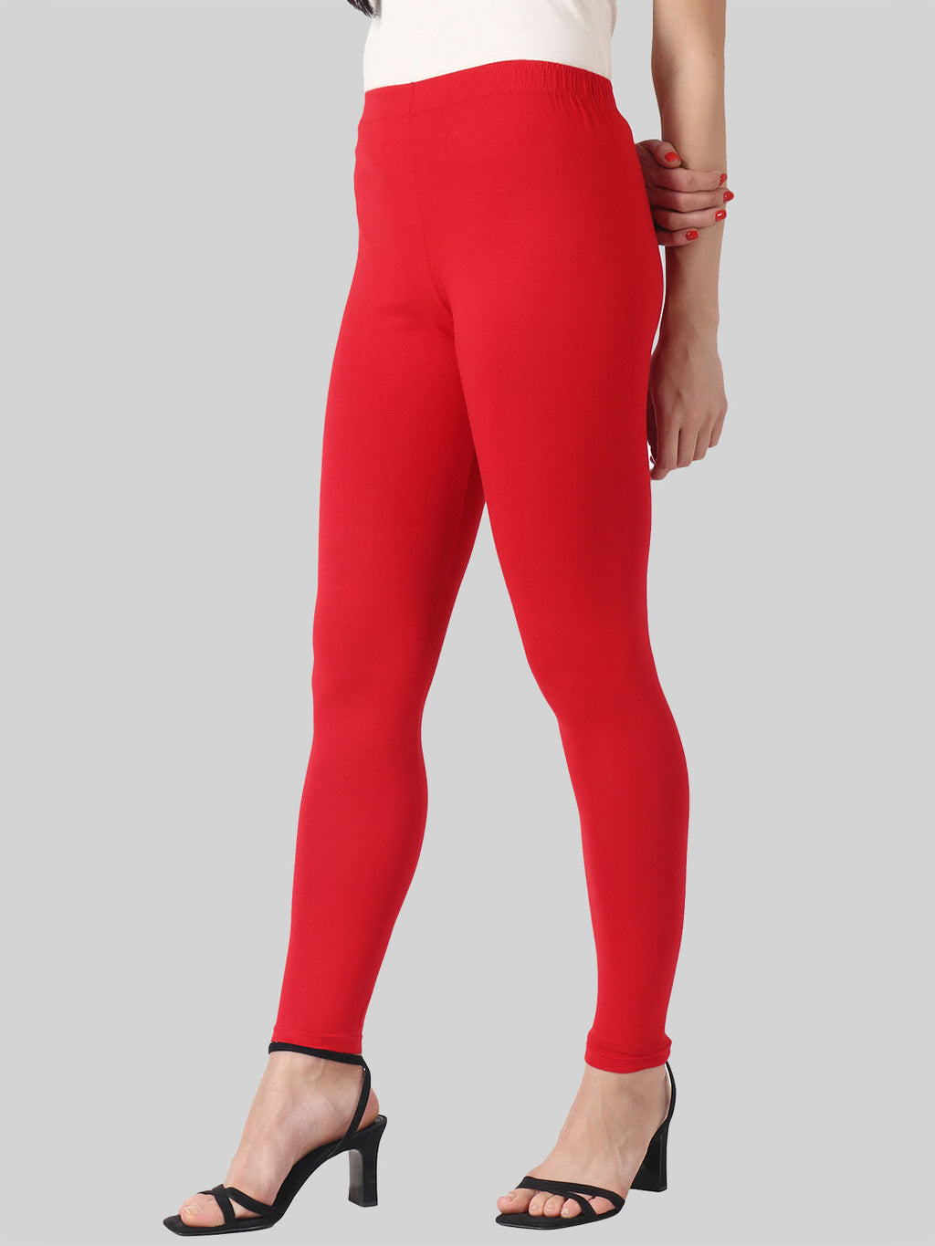 Saundarya Women’s Slim Fit Ankle Length Super Combed Cotton Rich Lycra Fabric Tailored Cut Stretchable Solid Plain Color Leggings; Red