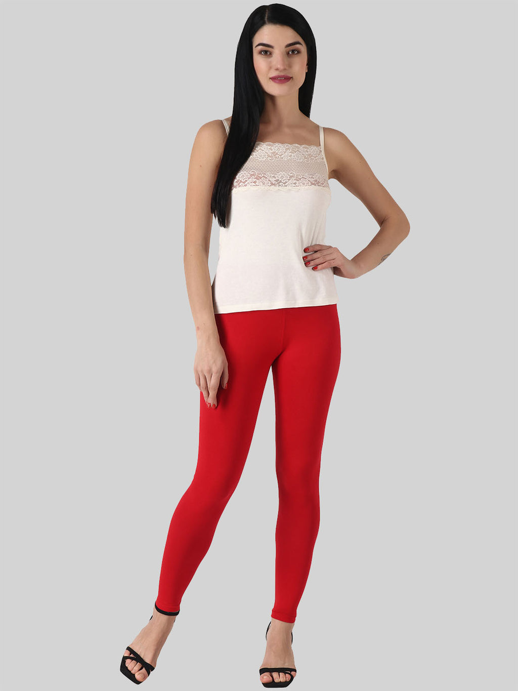Saundarya Women’s Slim Fit Ankle Length Super Combed Cotton Rich Lycra Fabric Tailored Cut Stretchable Solid Plain Color Leggings; Red