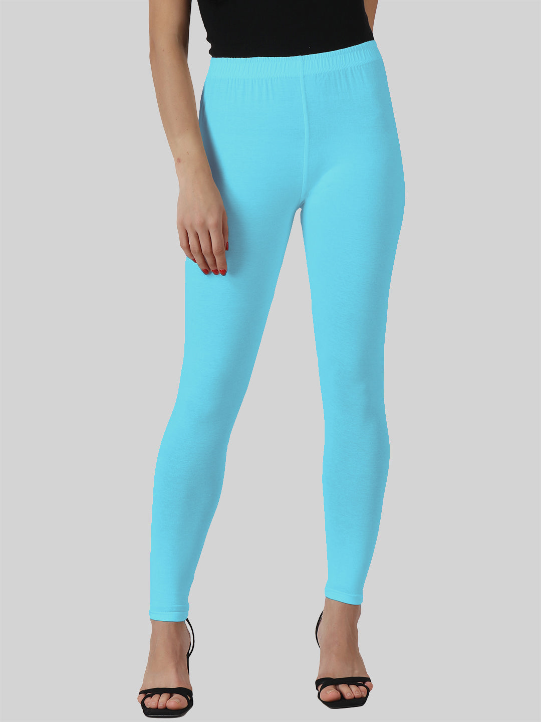 Saundarya Women’s Slim Fit Ankle Length Super Combed Cotton Rich Lycra Fabric Tailored Cut Stretchable Solid Plain Color Leggings; Sky Blue