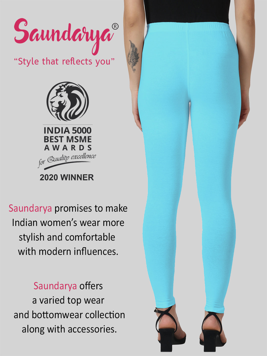 Saundarya Women’s Slim Fit Ankle Length Super Combed Cotton Rich Lycra Fabric Tailored Cut Stretchable Solid Plain Color Leggings; Sky Blue