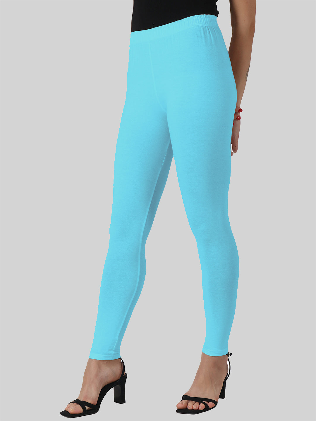 Saundarya Women’s Slim Fit Ankle Length Super Combed Cotton Rich Lycra Fabric Tailored Cut Stretchable Solid Plain Color Leggings; Sky Blue