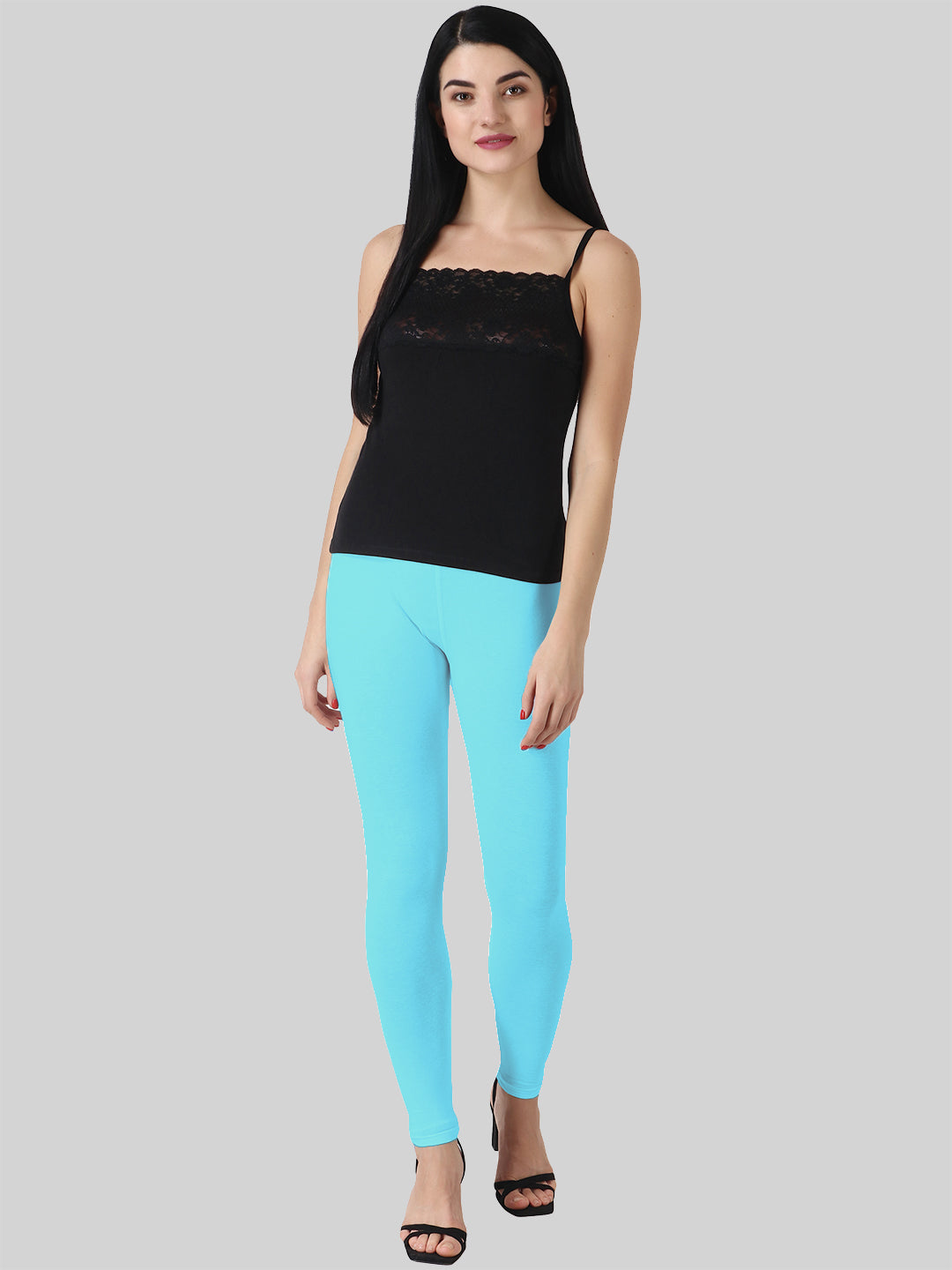 Saundarya Women’s Slim Fit Ankle Length Super Combed Cotton Rich Lycra Fabric Tailored Cut Stretchable Solid Plain Color Leggings; Sky Blue