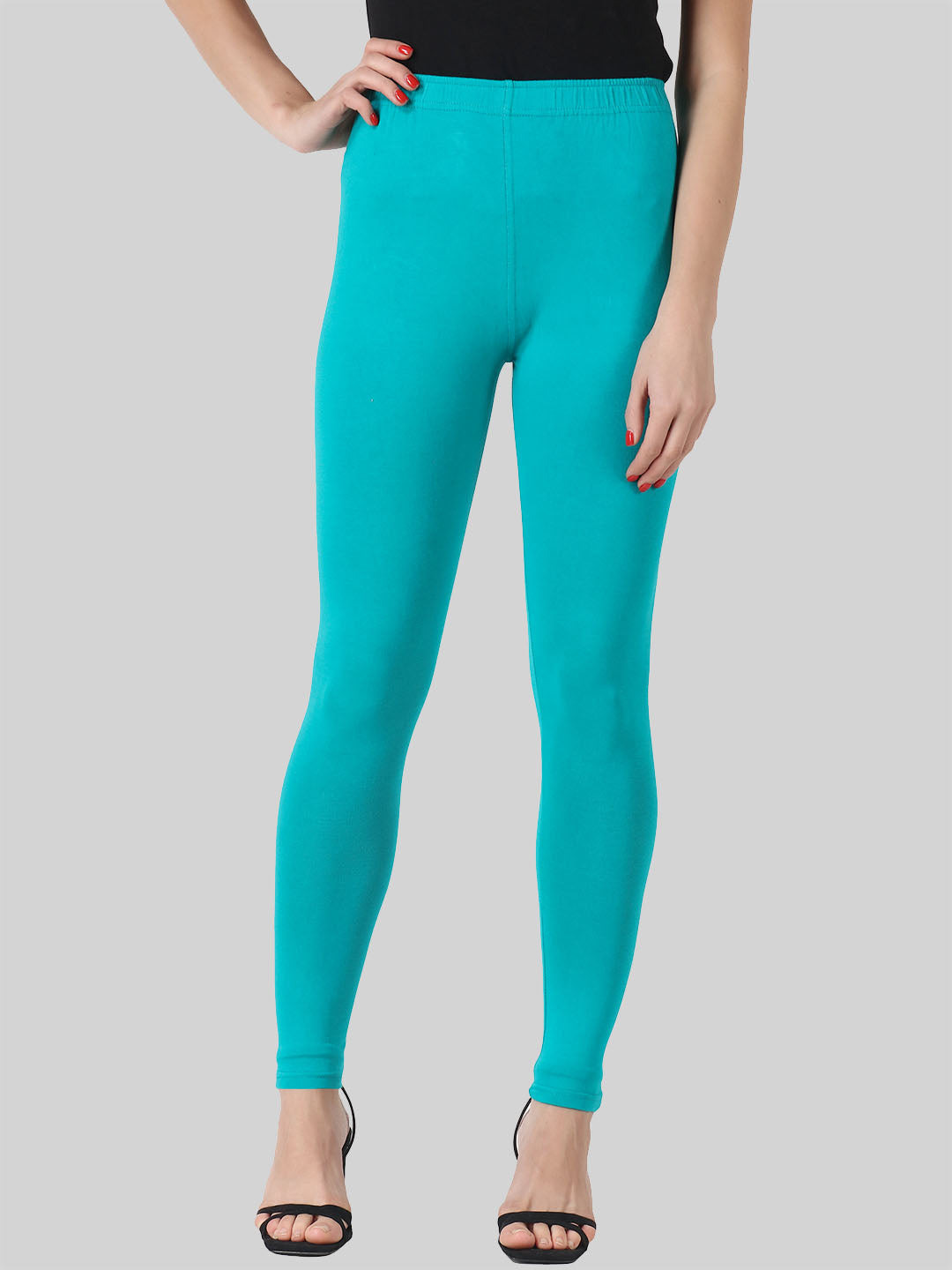 Saundarya Women’s Slim Fit Ankle Length Super Combed Cotton Rich Lycra Fabric Tailored Cut Stretchable Solid Plain Color Leggings; Teal Green