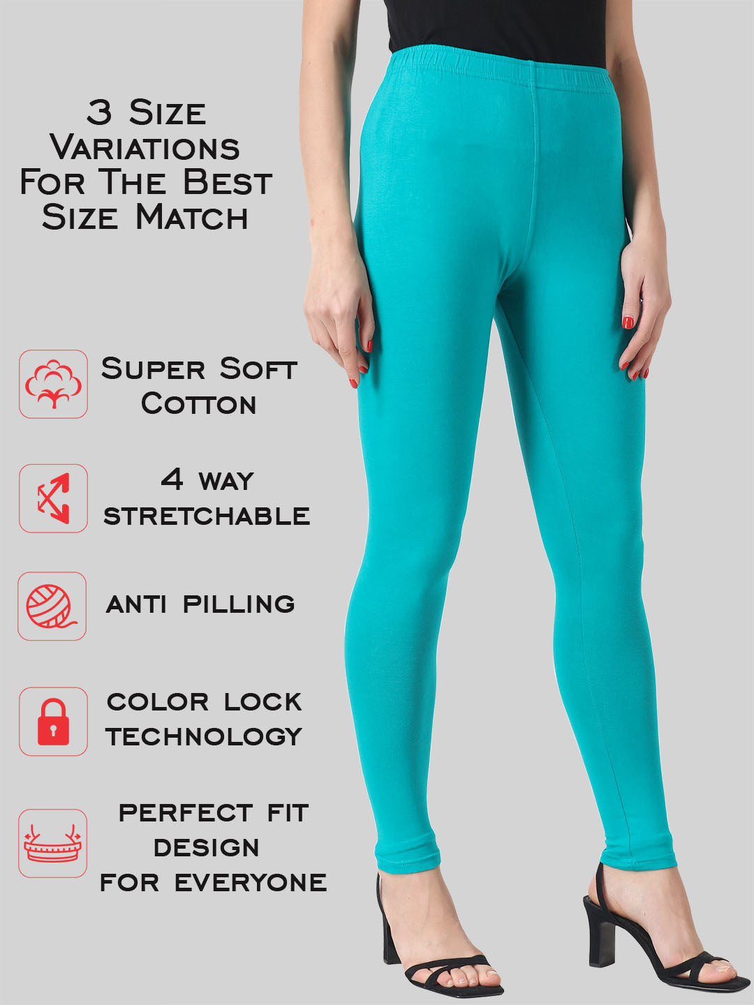 Saundarya Women’s Slim Fit Ankle Length Super Combed Cotton Rich Lycra Fabric Tailored Cut Stretchable Solid Plain Color Leggings; Teal Green