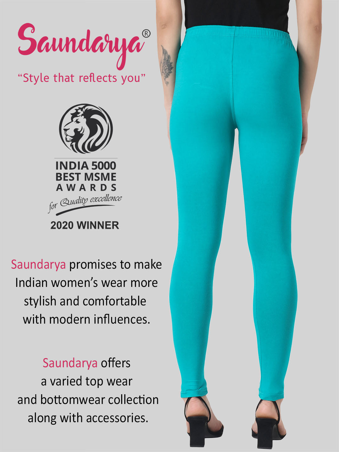 Saundarya Women's Teal Green Ankle Length Leggings Cotton