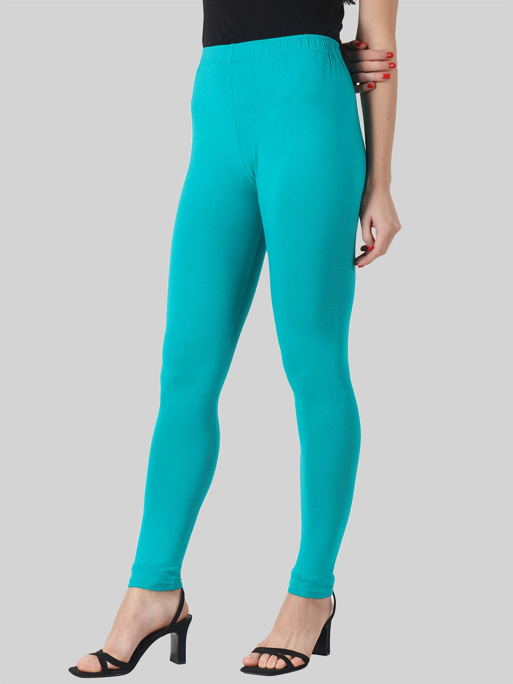 Saundarya Women’s Slim Fit Ankle Length Super Combed Cotton Rich Lycra Fabric Tailored Cut Stretchable Solid Plain Color Leggings; Teal Green