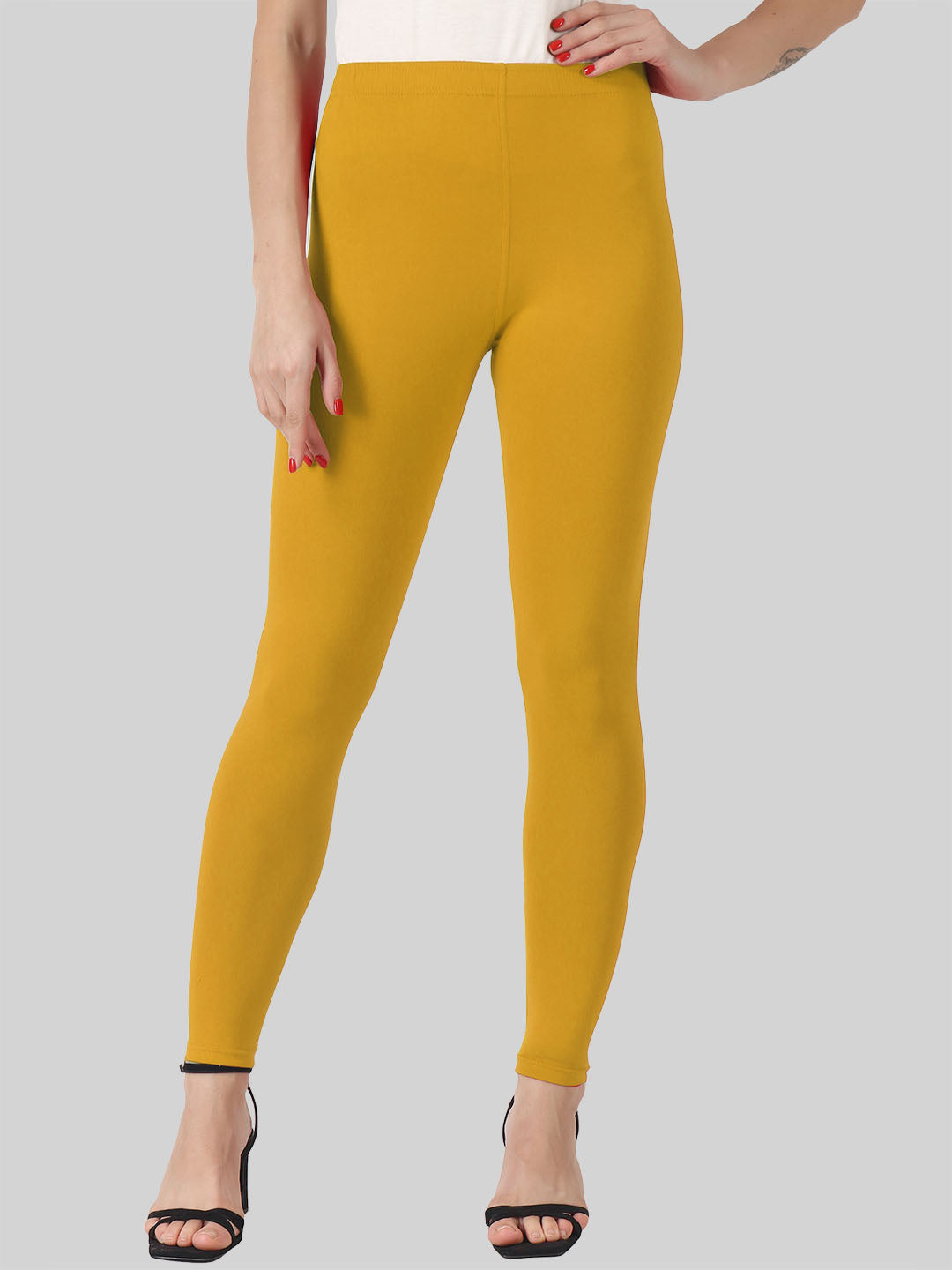 Saundarya Women’s Slim Fit Ankle Length Super Combed Cotton Rich Lycra Fabric Tailored Cut Stretchable Solid Plain Color Leggings; Turmeric Yellow