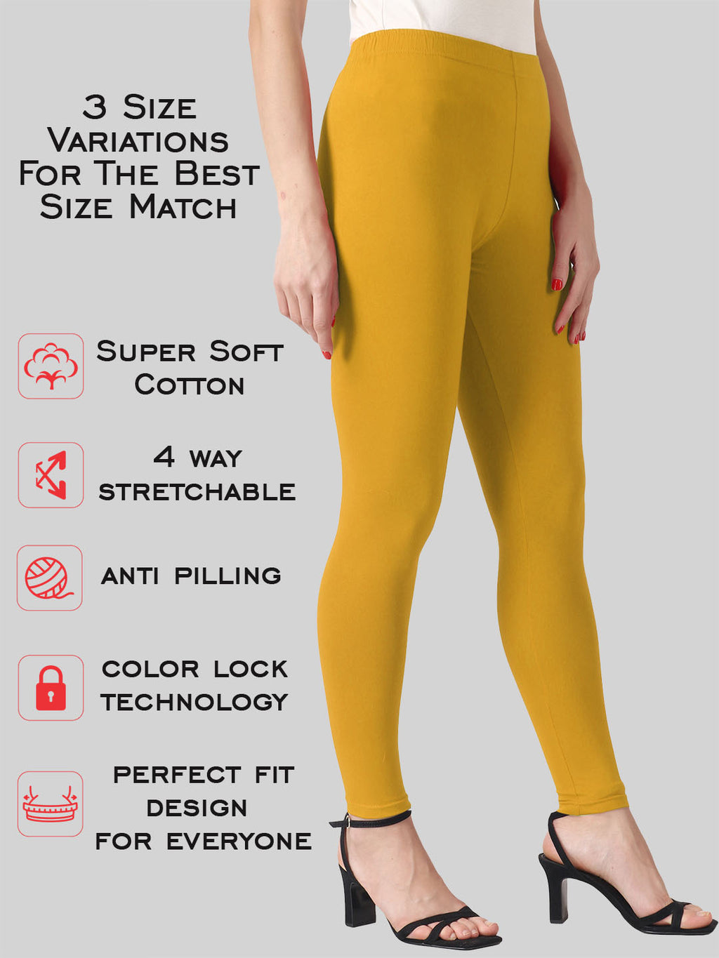 Saundarya Women’s Slim Fit Ankle Length Super Combed Cotton Rich Lycra Fabric Tailored Cut Stretchable Solid Plain Color Leggings; Turmeric Yellow