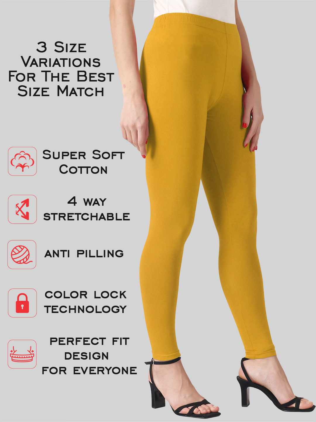 Saundarya Women’s Slim Fit Ankle Length Super Combed Cotton Rich Lycra Fabric Tailored Cut Stretchable Solid Plain Color Leggings; Turmeric Yellow