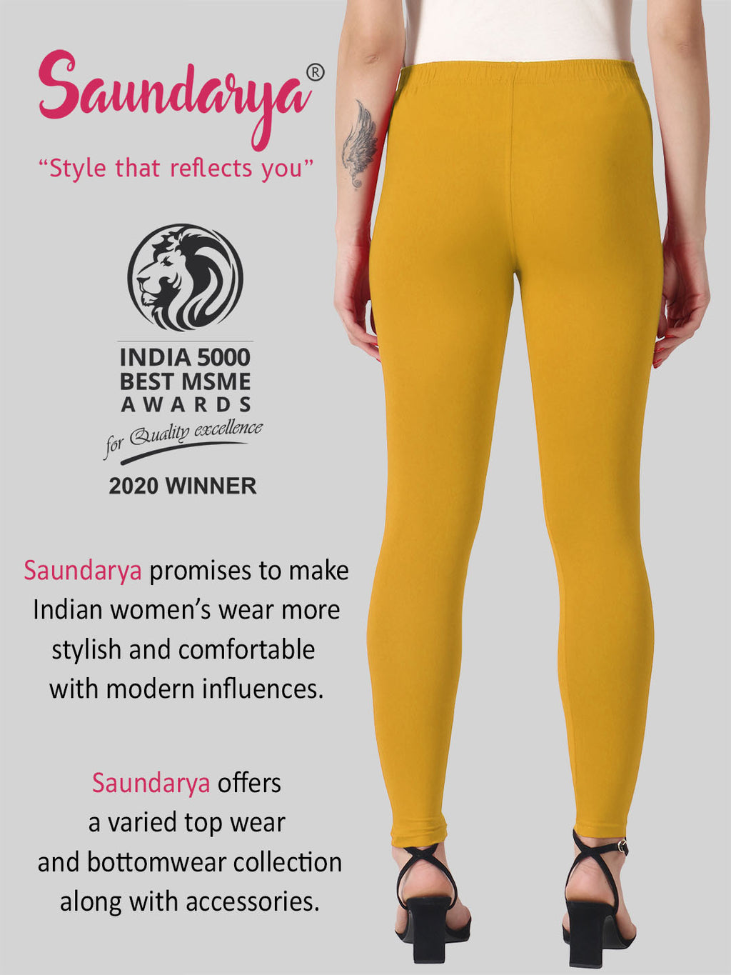 Saundarya Women’s Slim Fit Ankle Length Super Combed Cotton Rich Lycra Fabric Tailored Cut Stretchable Solid Plain Color Leggings; Turmeric Yellow