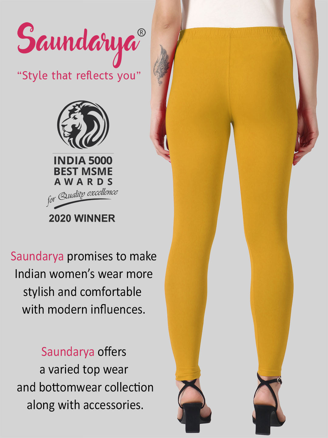 Saundarya Women’s Slim Fit Ankle Length Super Combed Cotton Rich Lycra Fabric Tailored Cut Stretchable Solid Plain Color Leggings; Turmeric Yellow