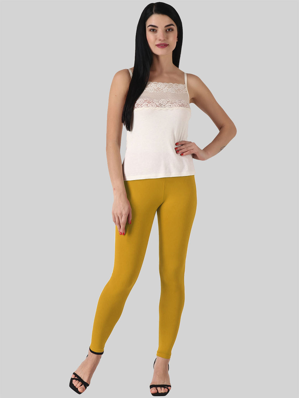 Saundarya Women’s Slim Fit Ankle Length Super Combed Cotton Rich Lycra Fabric Tailored Cut Stretchable Solid Plain Color Leggings; Turmeric Yellow