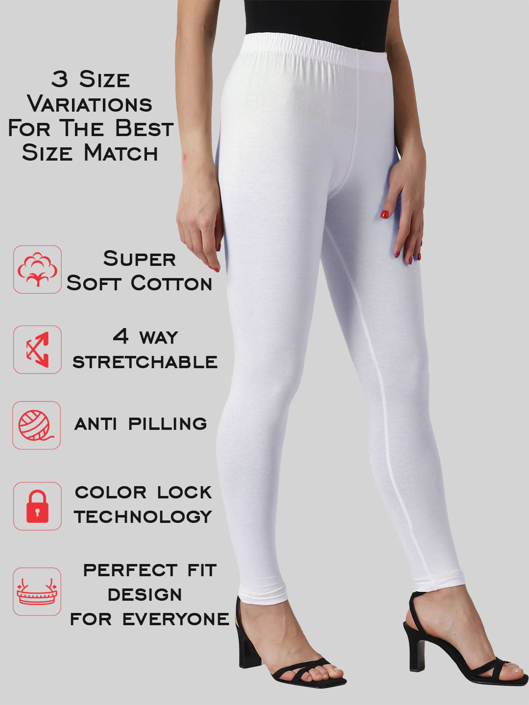 Saundarya Women’s Slim Fit Ankle Length Super Combed Cotton Rich Lycra Fabric Tailored Cut Stretchable Solid Plain Color Leggings; White