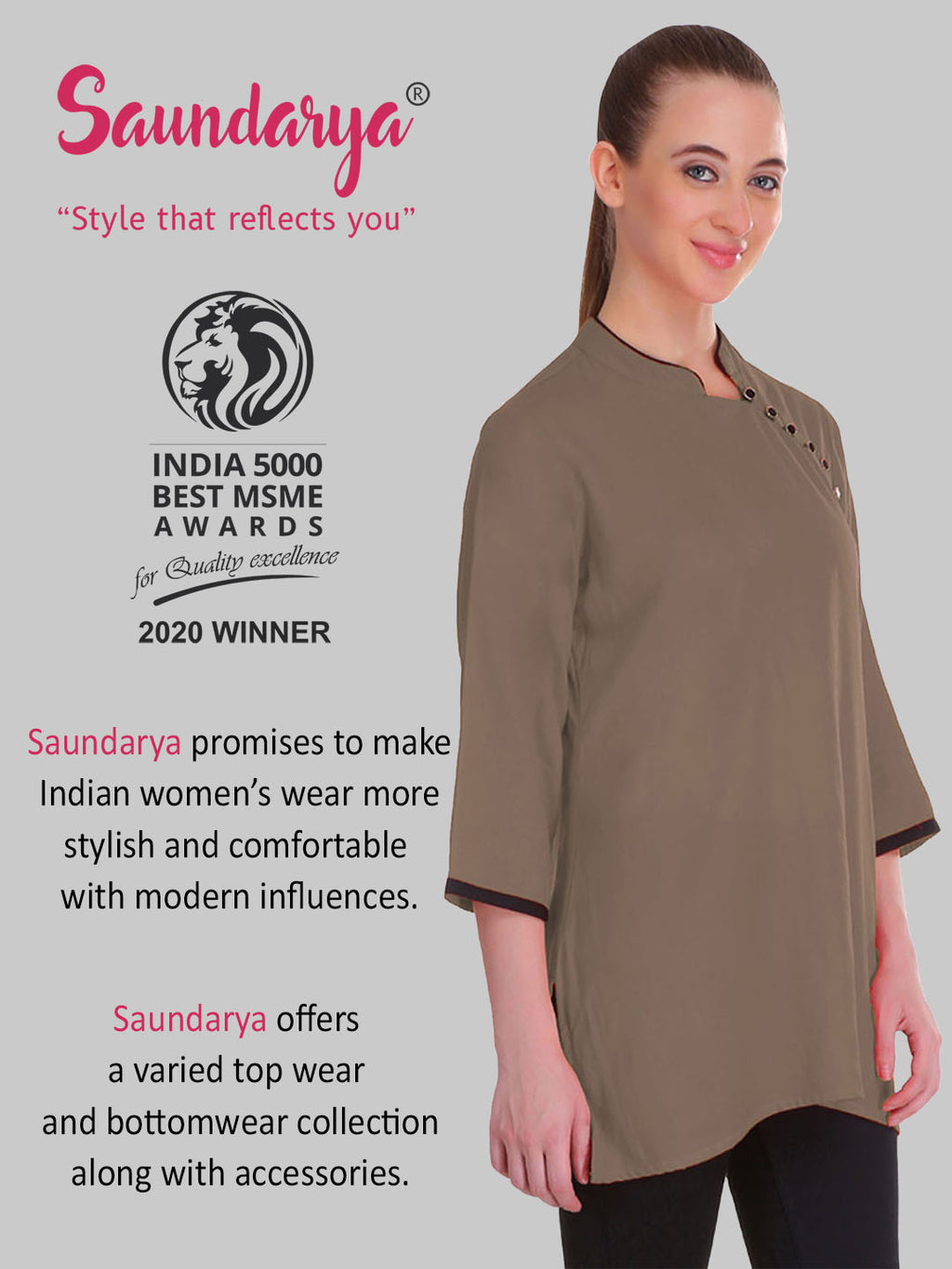 Saundarya Women's Brown Band Collar Top