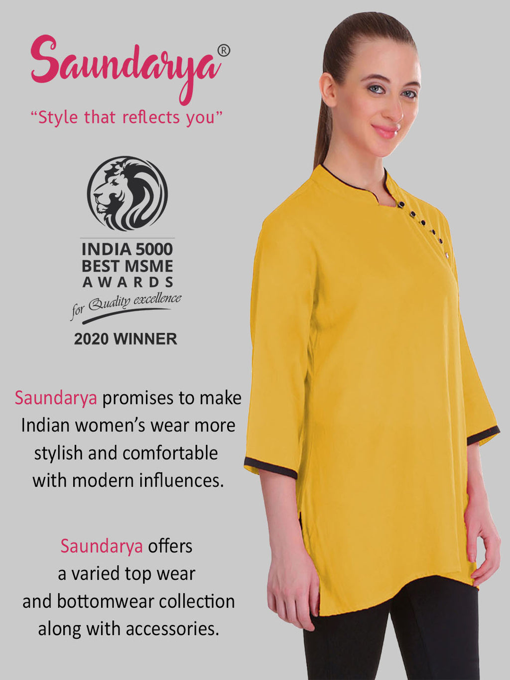 Saundarya Women's Mustard Band Collar Top