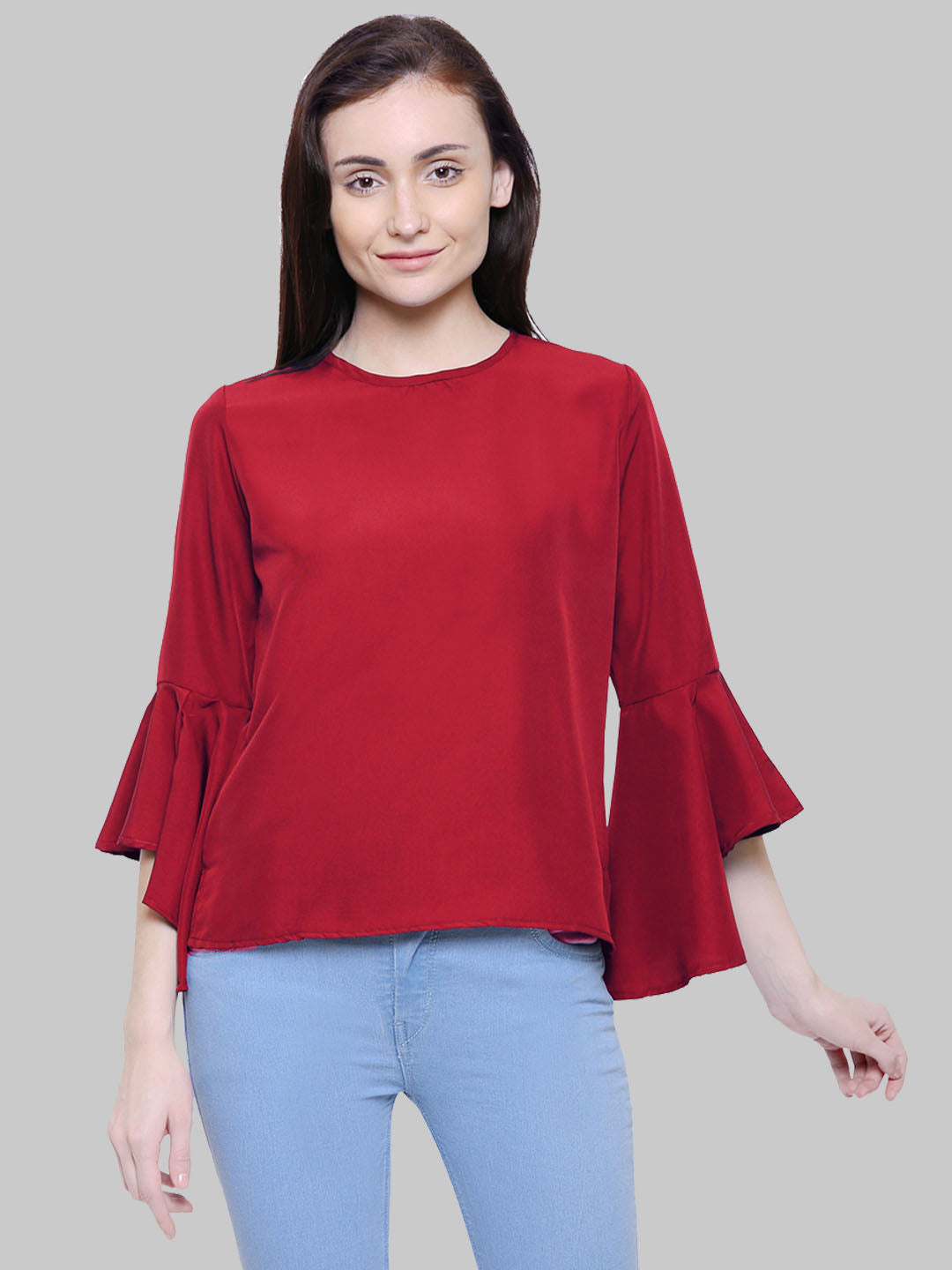 Saundarya Women's Maroon American Crepe Bell Sleeve Top