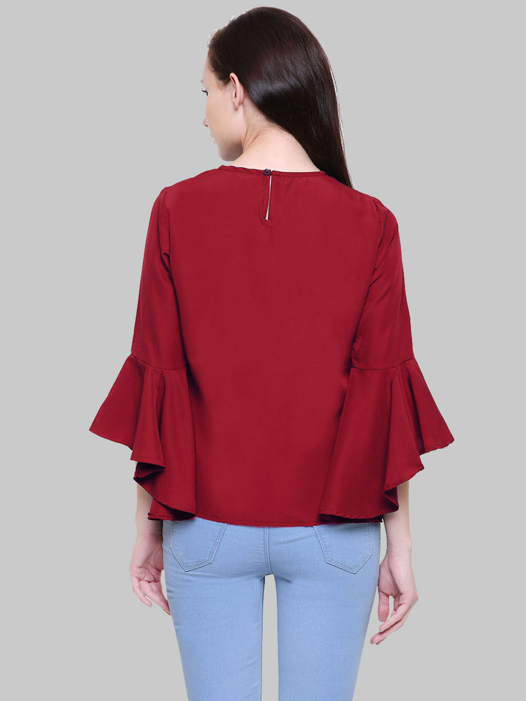 Saundarya Women's Maroon American Crepe Bell Sleeve Top