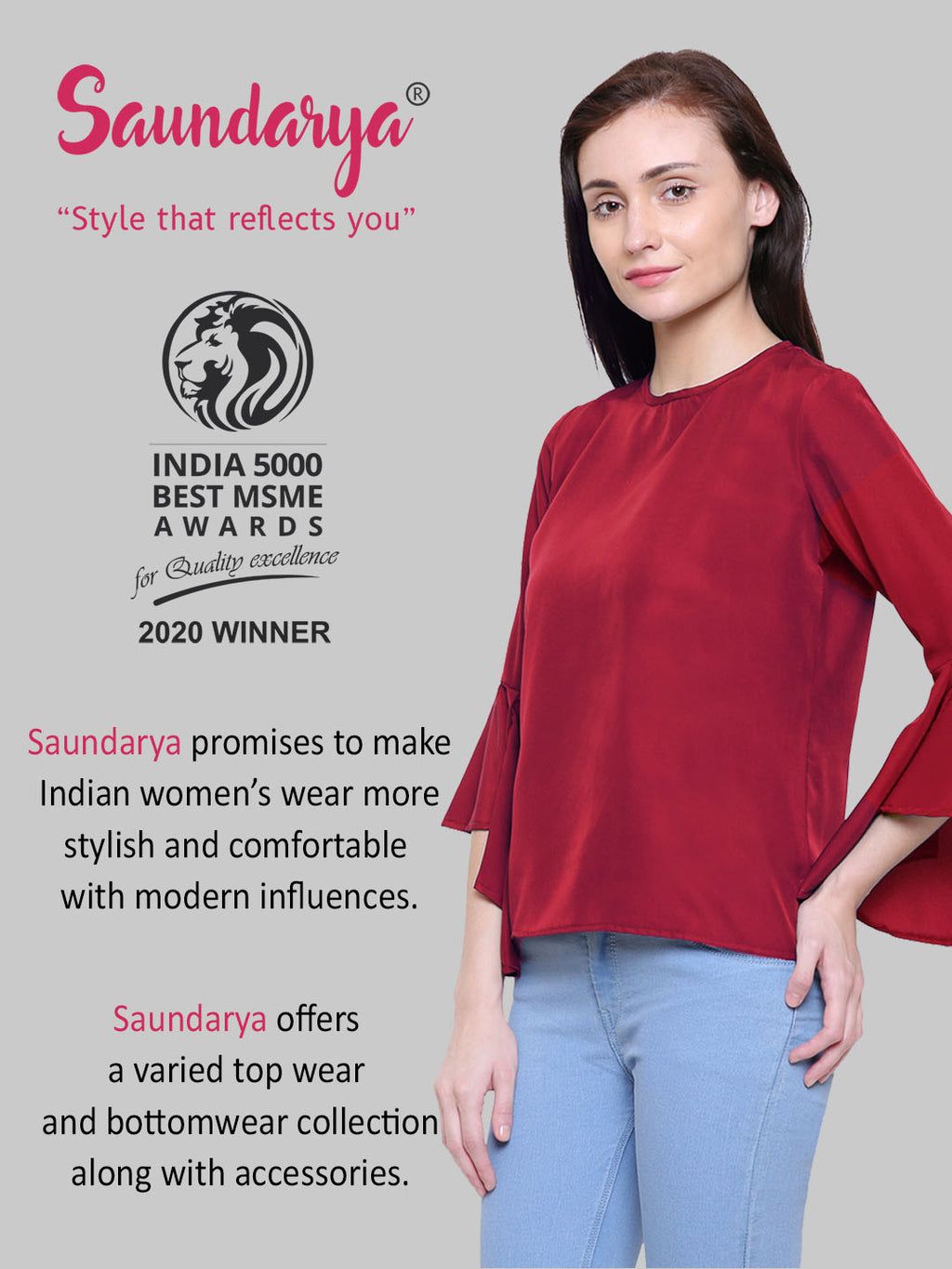 Saundarya Women's Maroon American Crepe Bell Sleeve Top