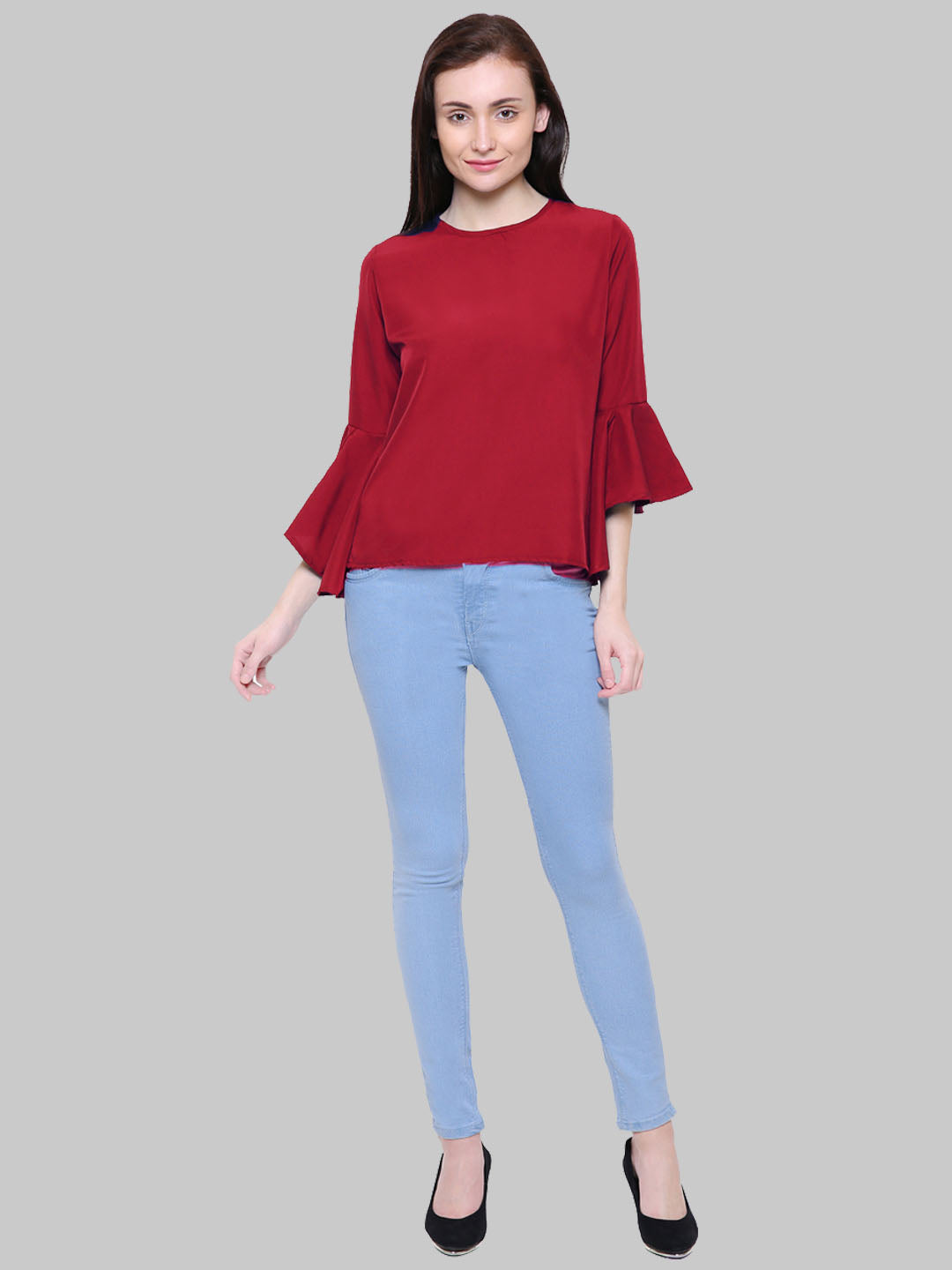 Saundarya Women's Maroon American Crepe Bell Sleeve Top