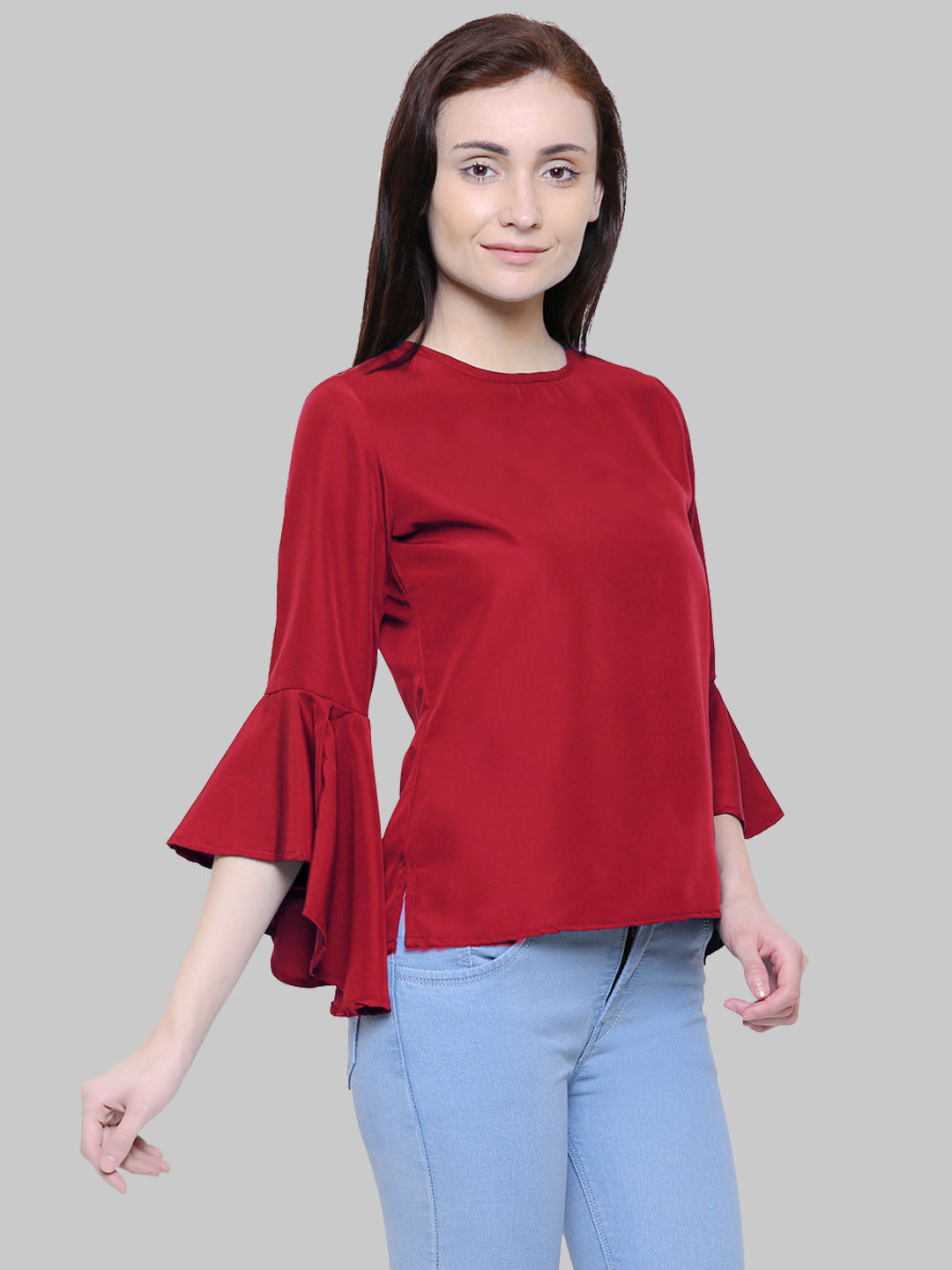 Saundarya Women's Maroon American Crepe Bell Sleeve Top