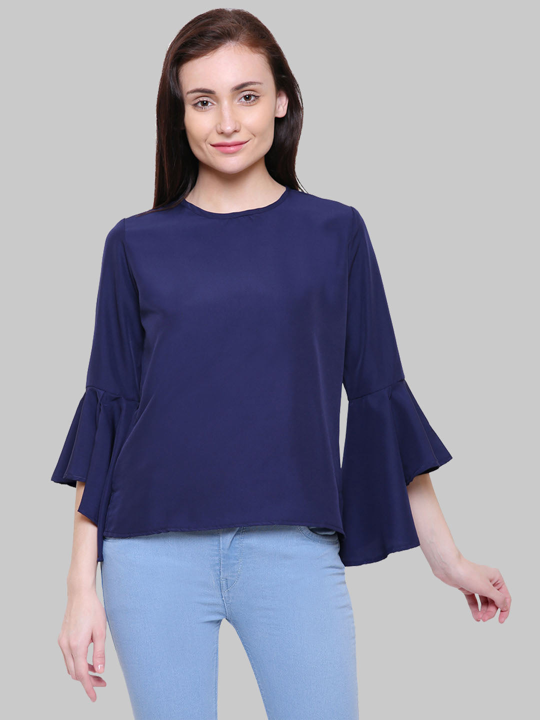 Saundarya Women's Navy Blue American Crepe Bell Sleeve Top