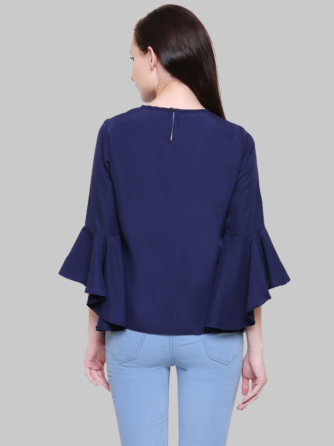 Saundarya Women's Navy Blue American Crepe Bell Sleeve Top