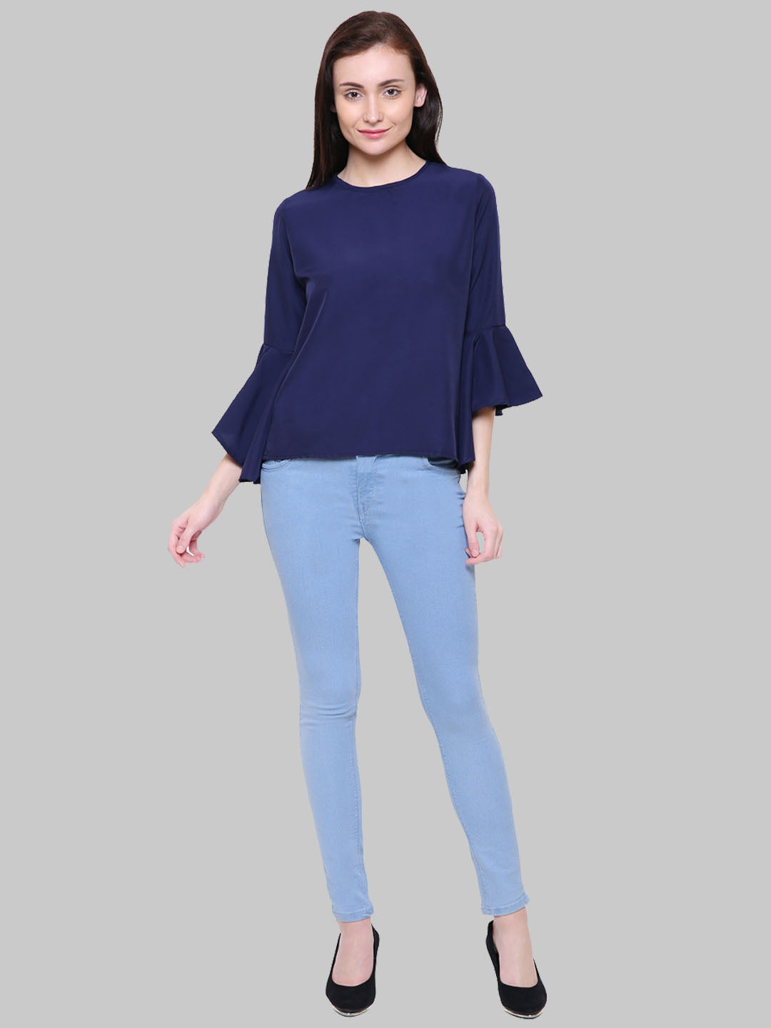 Saundarya Women's Navy Blue American Crepe Bell Sleeve Top