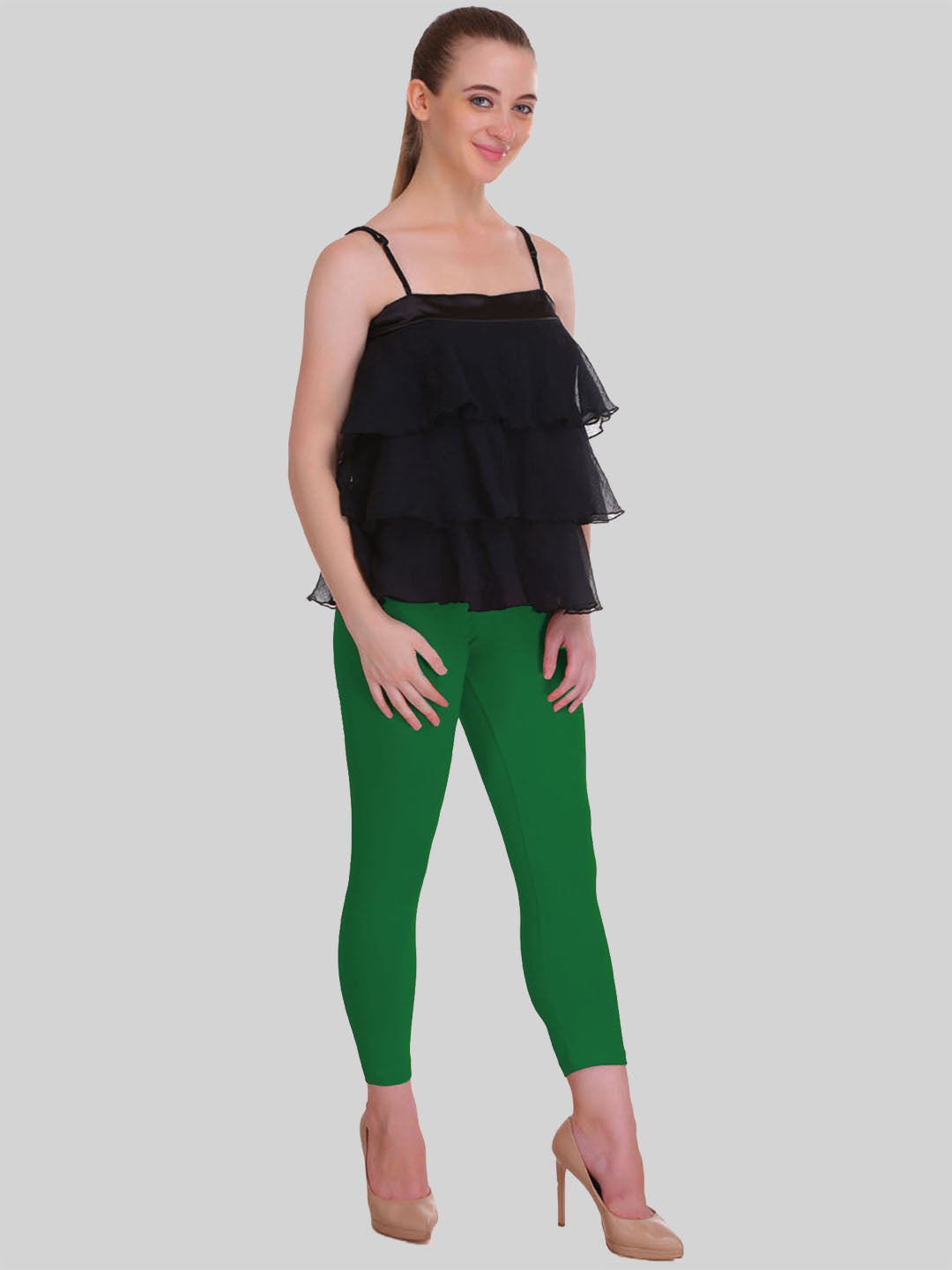 Bottle Green Calf Length Leggings Cotton