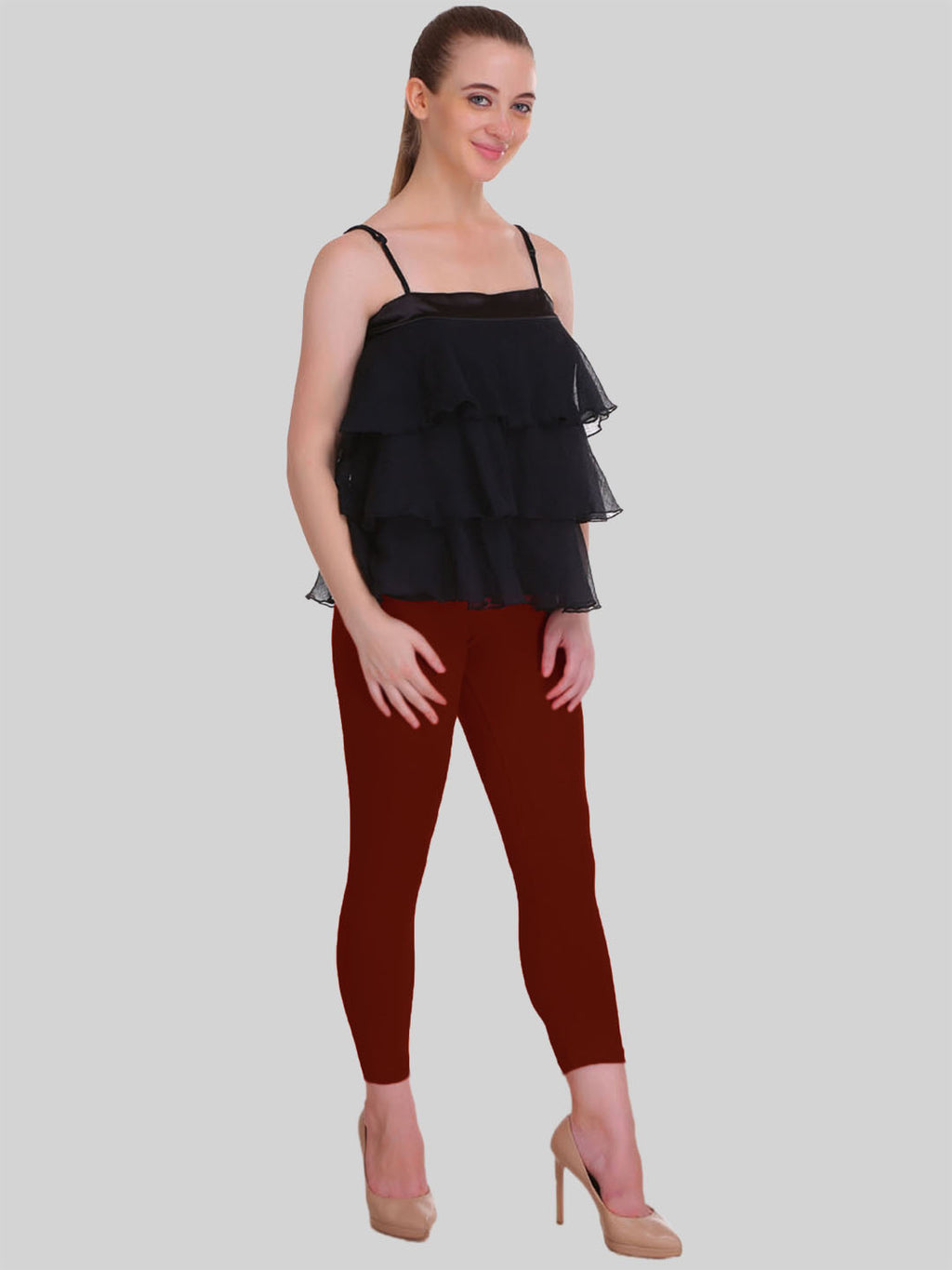 Dark Maroon Calf Length Leggings Cotton