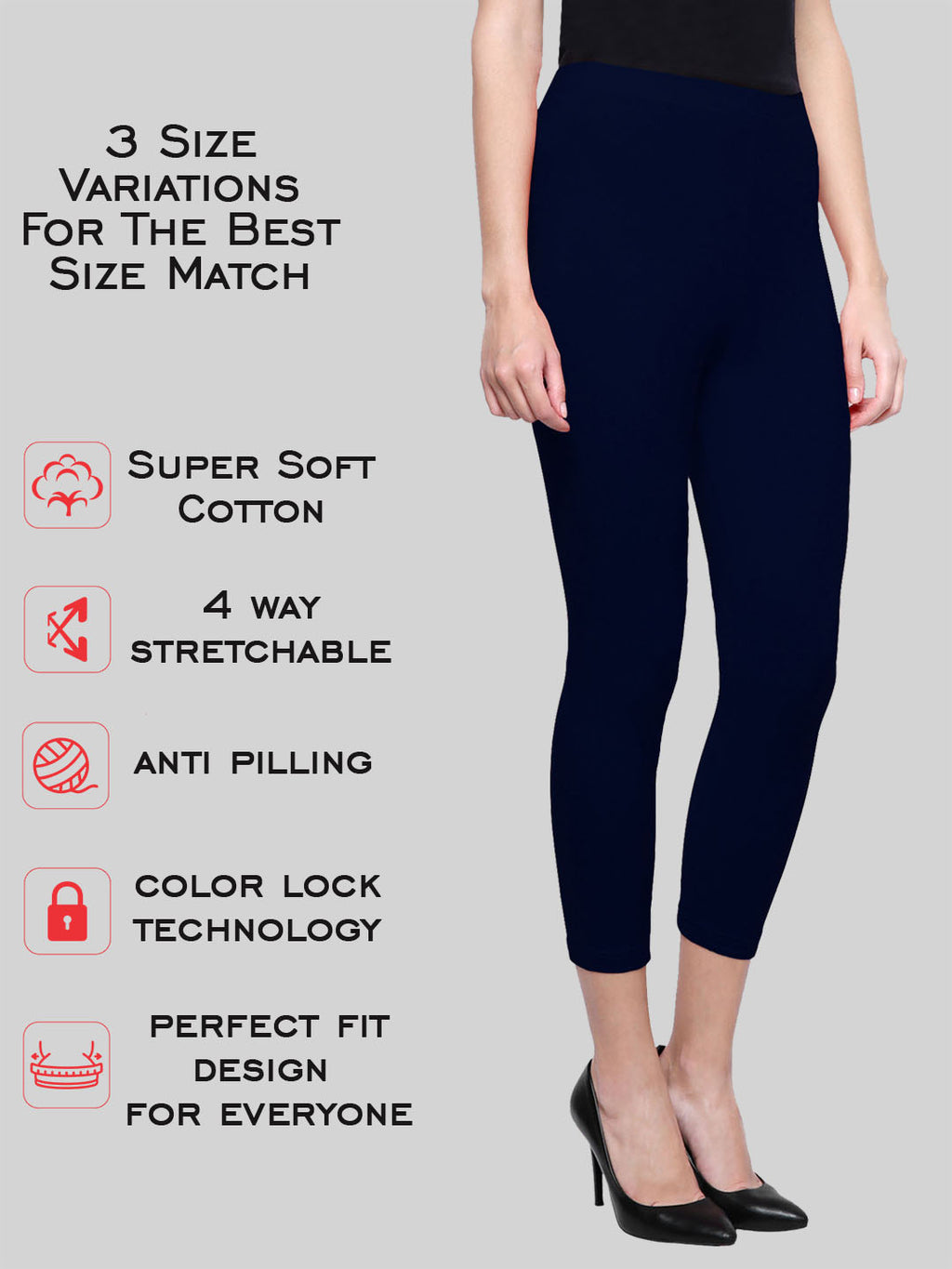 Saundarya Women’s Slim Fit Calf Length Super Combed Cotton Rich Lycra Fabric Tailored Cut Stretchable Solid Plain Color Leggings; Navy Blue