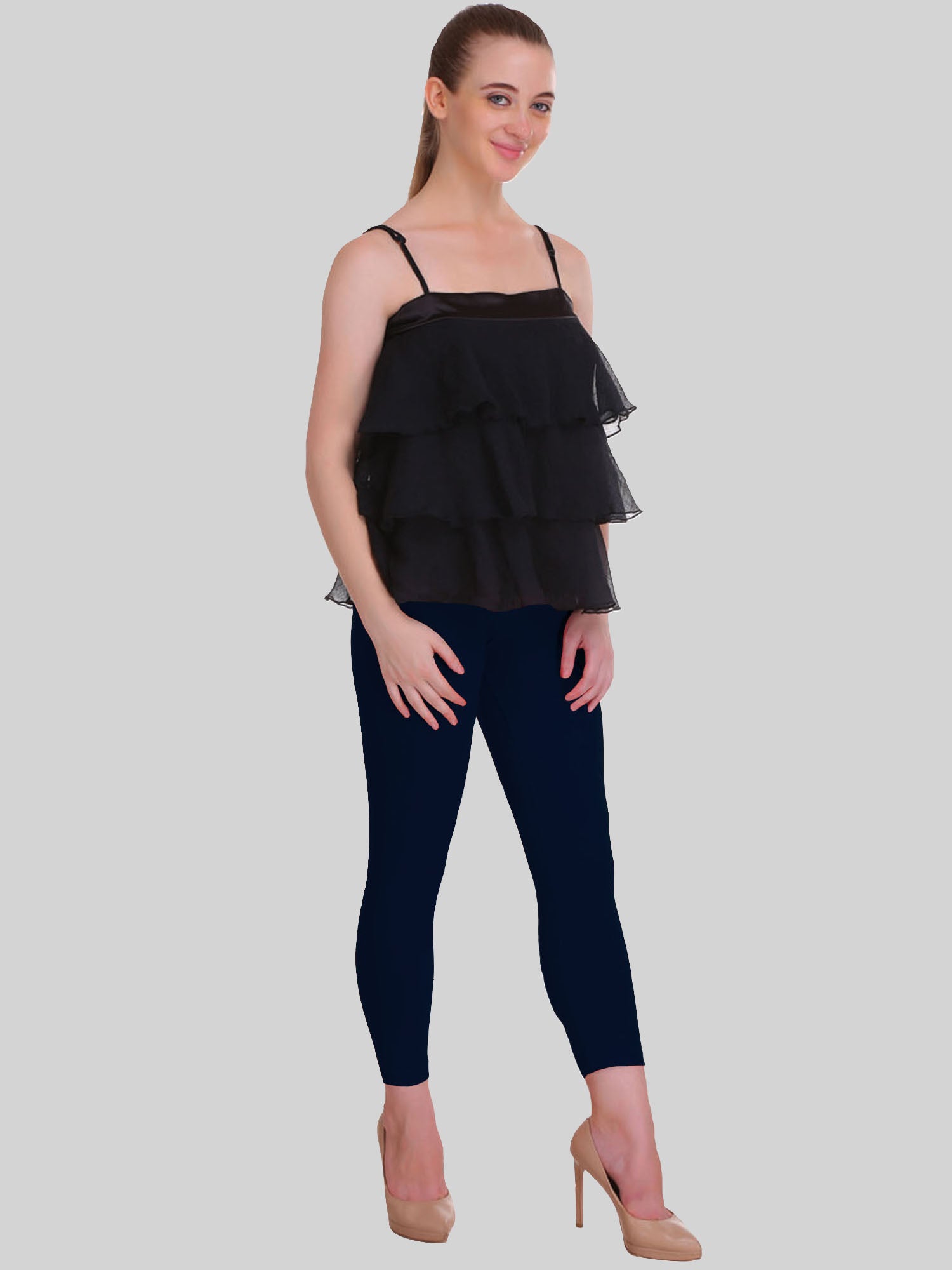 Saundarya Women’s Slim Fit Calf Length Super Combed Cotton Rich Lycra Fabric Tailored Cut Stretchable Solid Plain Color Leggings; Navy Blue