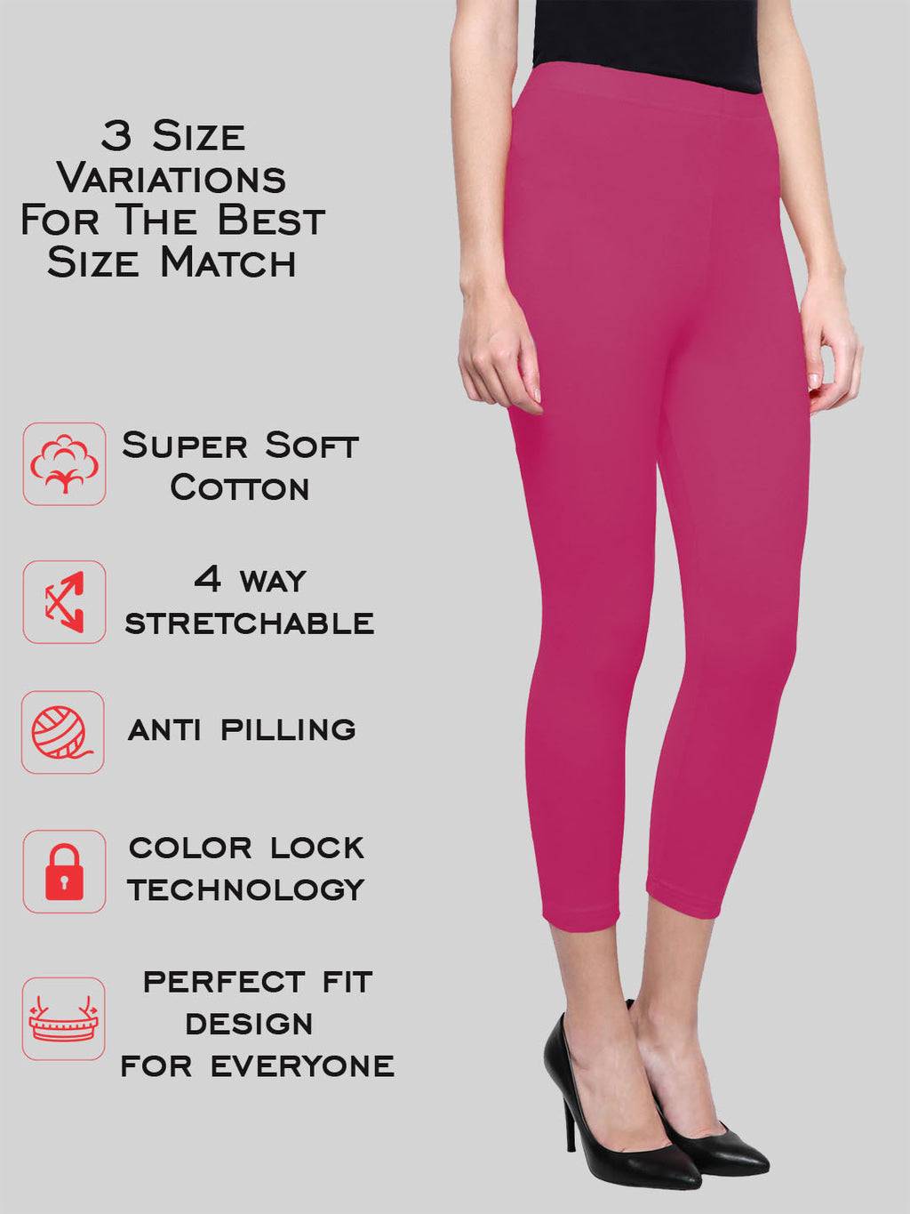 Saundarya Women’s Slim Fit Calf Length Super Combed Cotton Rich Lycra Fabric Tailored Cut Stretchable Solid Plain Color Leggings; Dark Pink