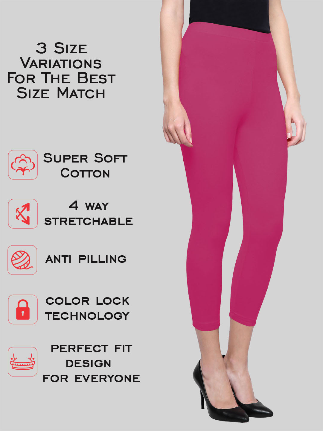 Saundarya Women’s Slim Fit Calf Length Super Combed Cotton Rich Lycra Fabric Tailored Cut Stretchable Solid Plain Color Leggings; Dark Pink